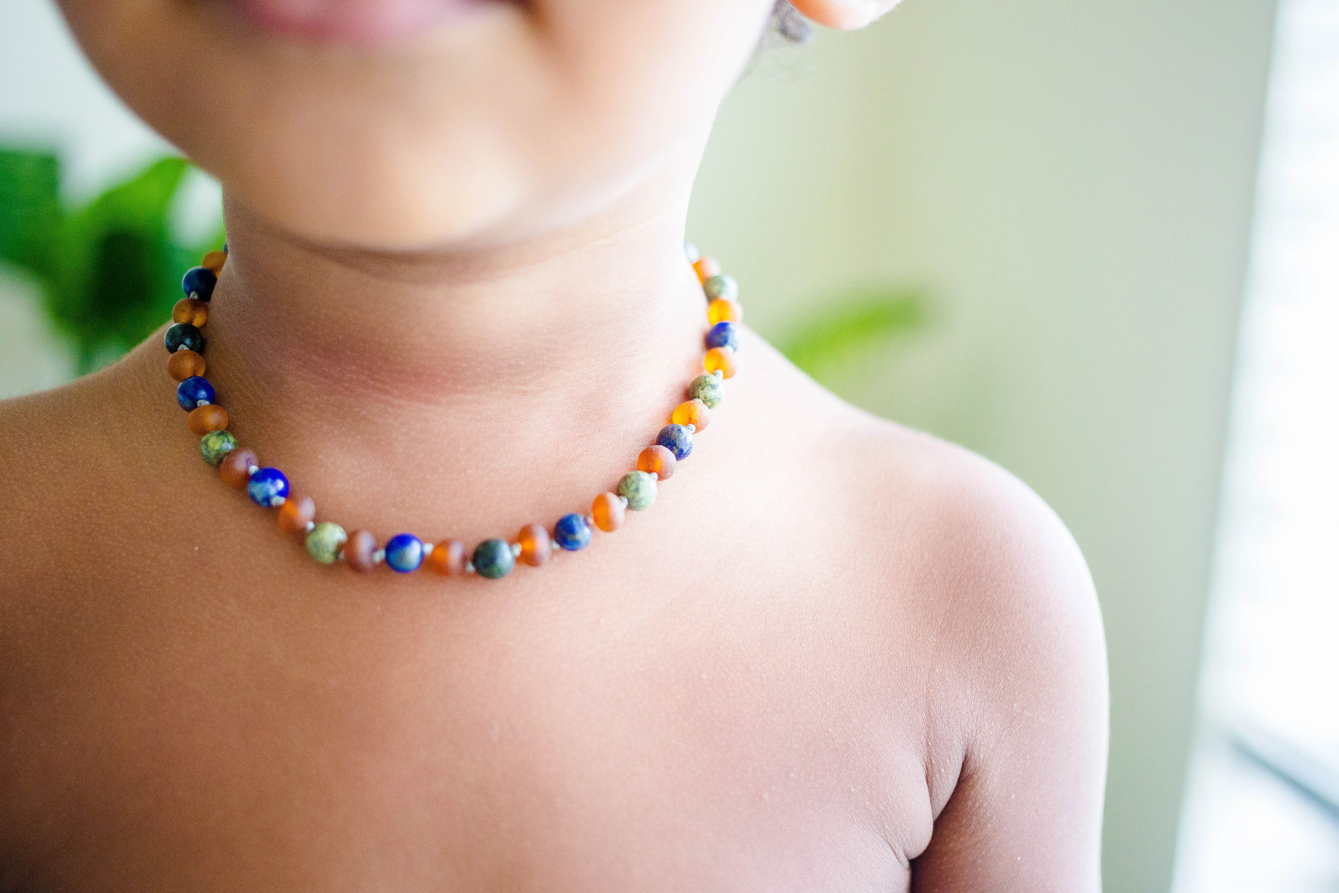 Green Lace Agate and Lapis Lazuli   Raw Cognac Baltic Amber Necklace