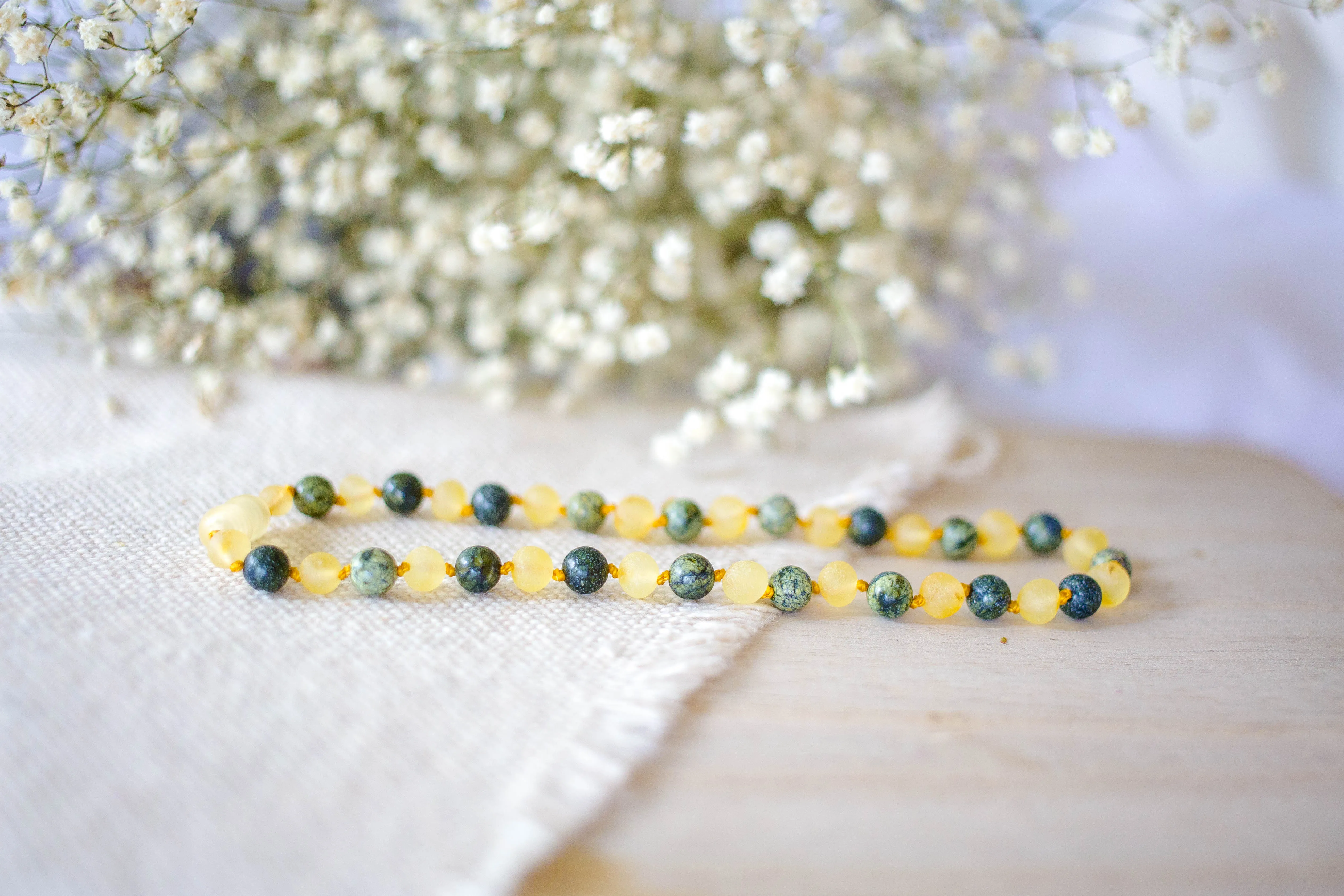 Green Lace Agate   Raw Lemon Baltic Amber Necklace