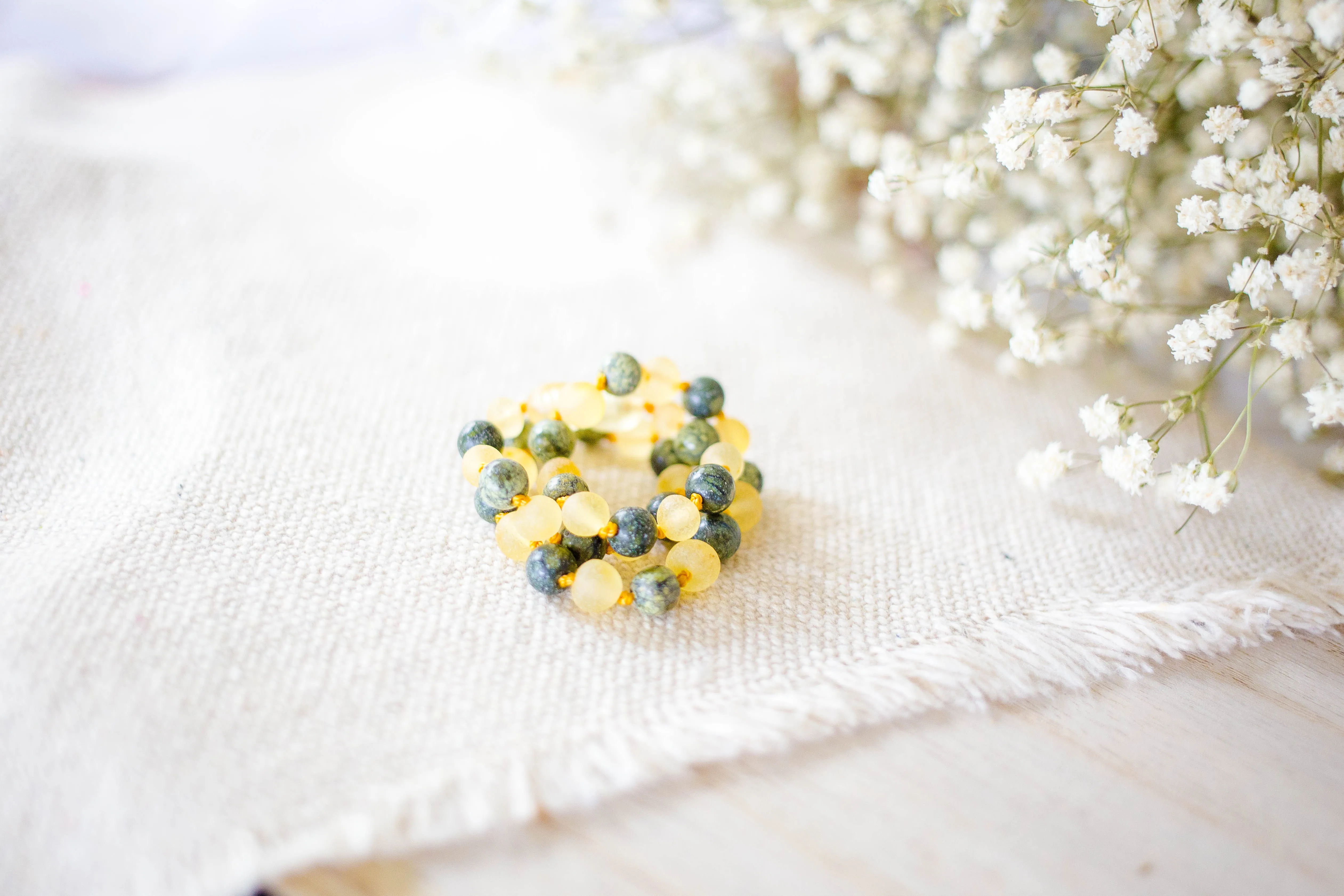Green Lace Agate   Raw Lemon Baltic Amber Necklace
