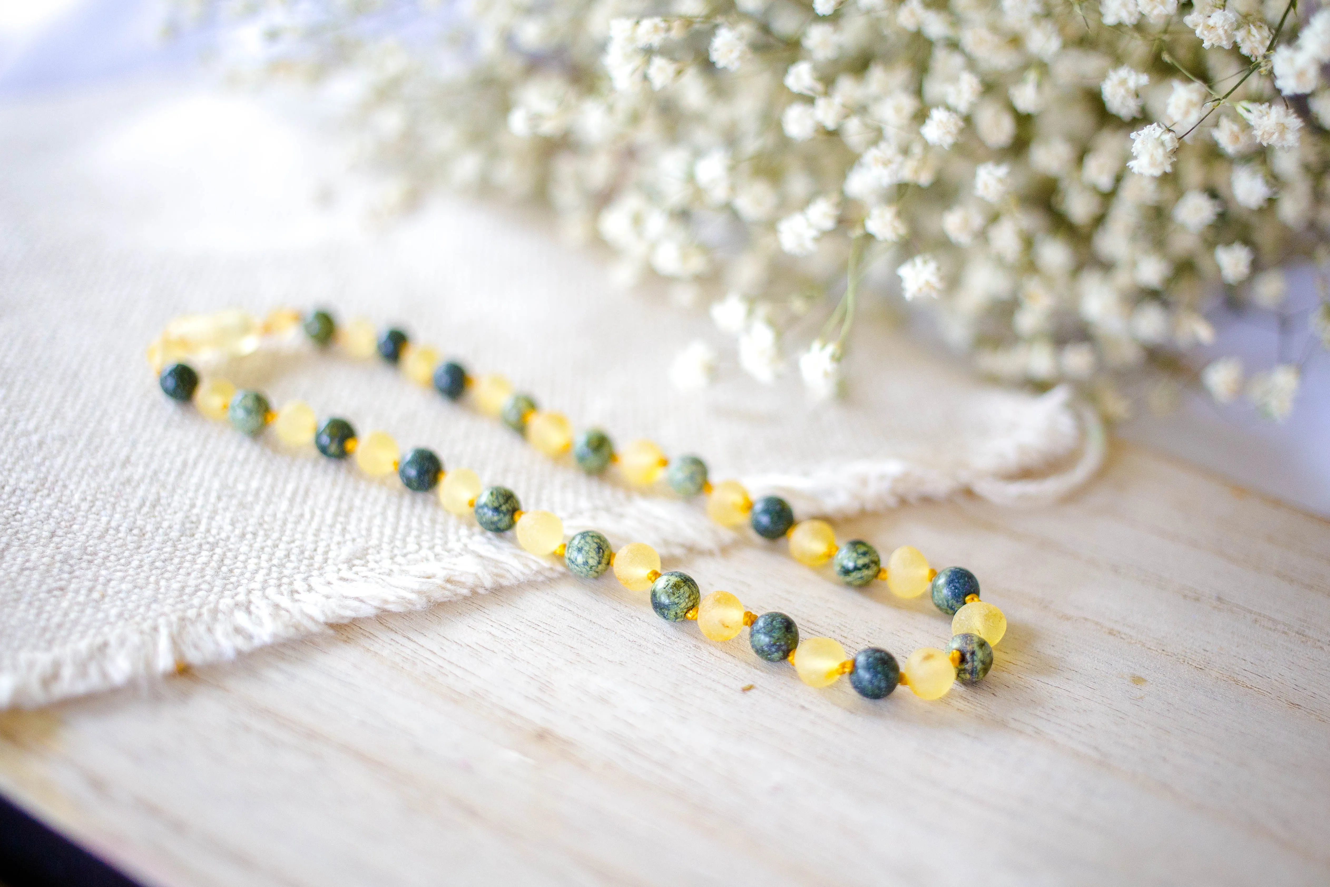 Green Lace Agate   Raw Lemon Baltic Amber Necklace