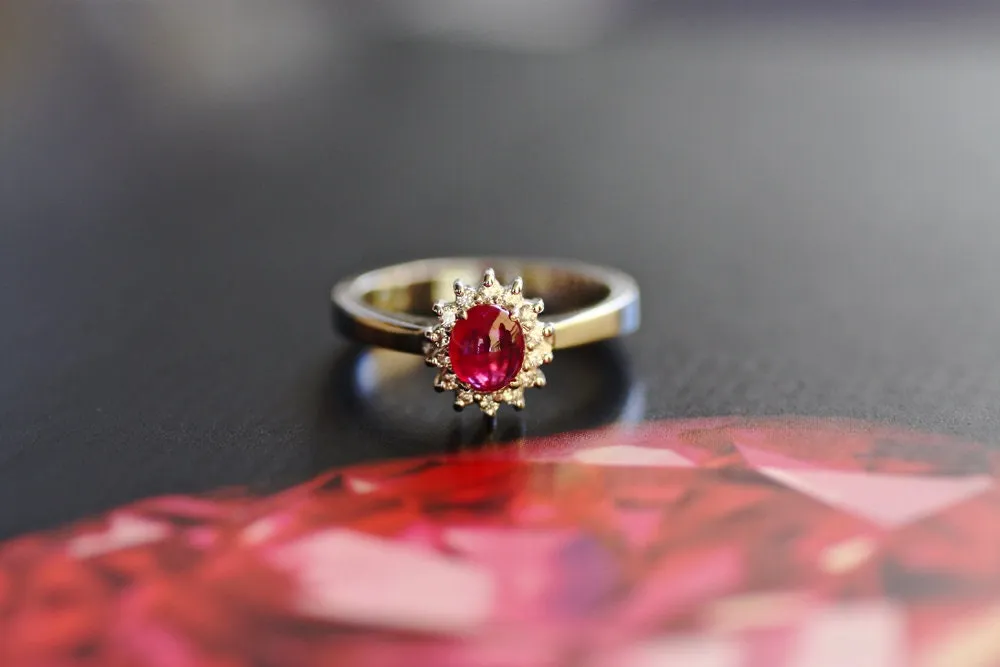 Halo Ruby diamonds gold K18 ring, Cabochon cut Ruby ring