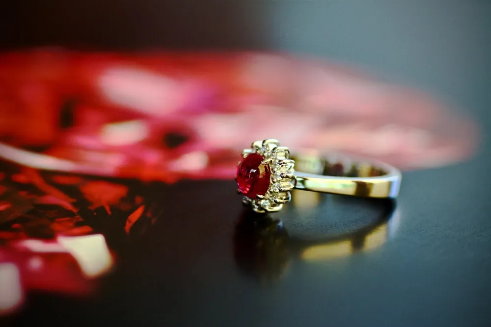 Halo Ruby diamonds gold K18 ring, Cabochon cut Ruby ring