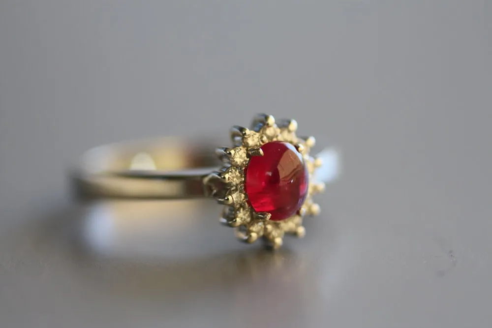 Halo Ruby diamonds gold K18 ring, Cabochon cut Ruby ring