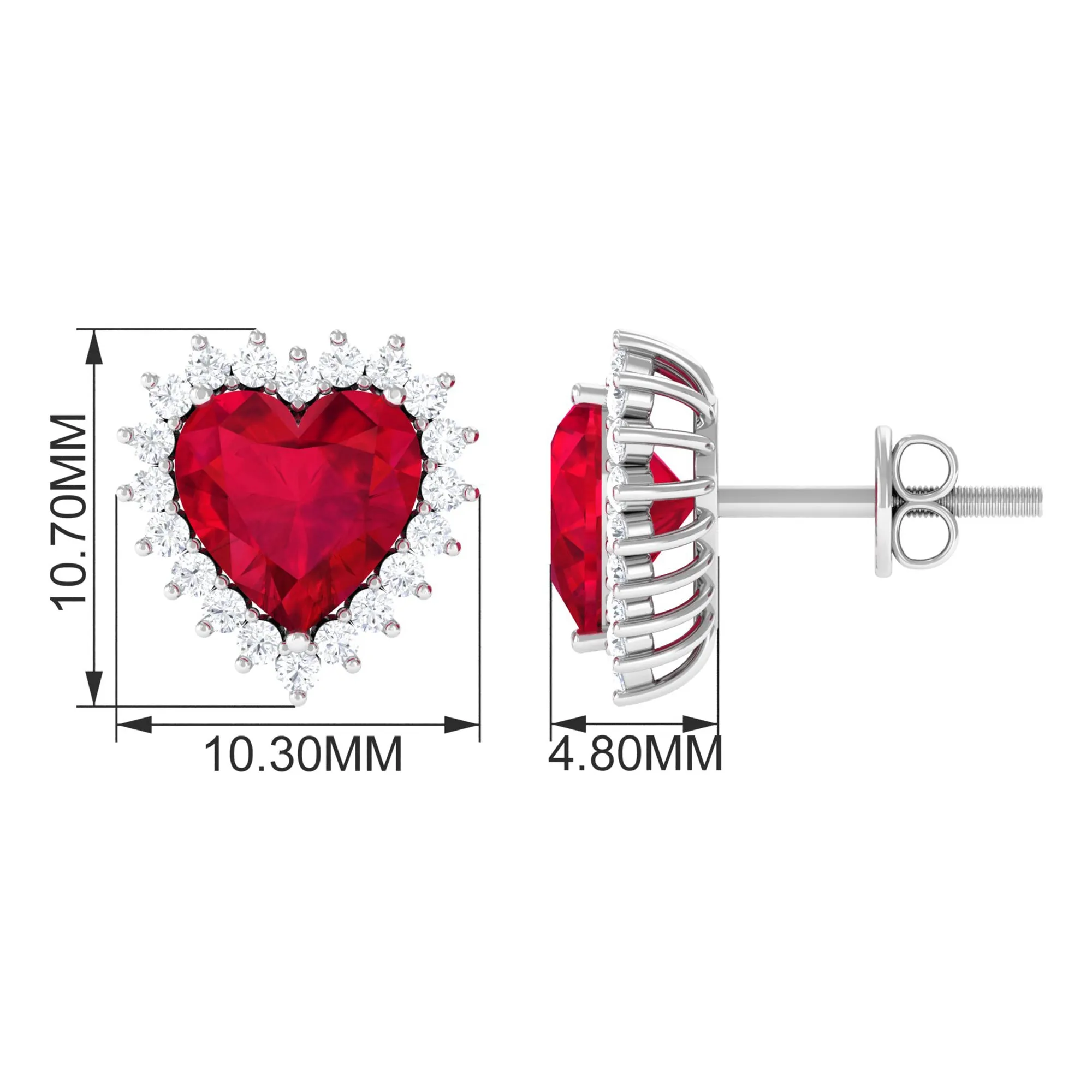 Heart Shape Created Ruby Stud Earrings with Diamond Halo