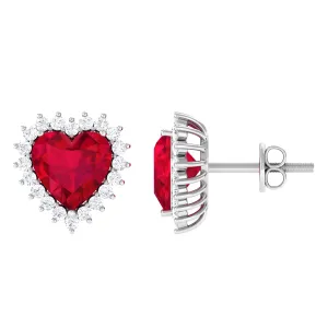 Heart Shape Created Ruby Stud Earrings with Diamond Halo