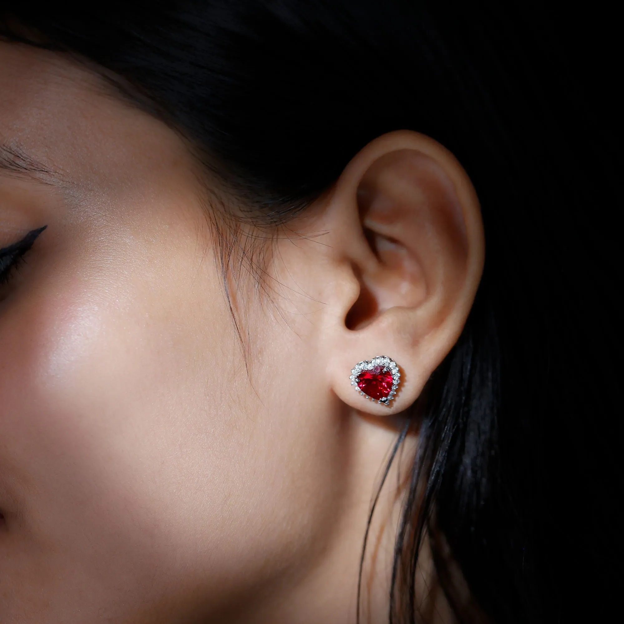 Heart Shape Created Ruby Stud Earrings with Diamond Halo