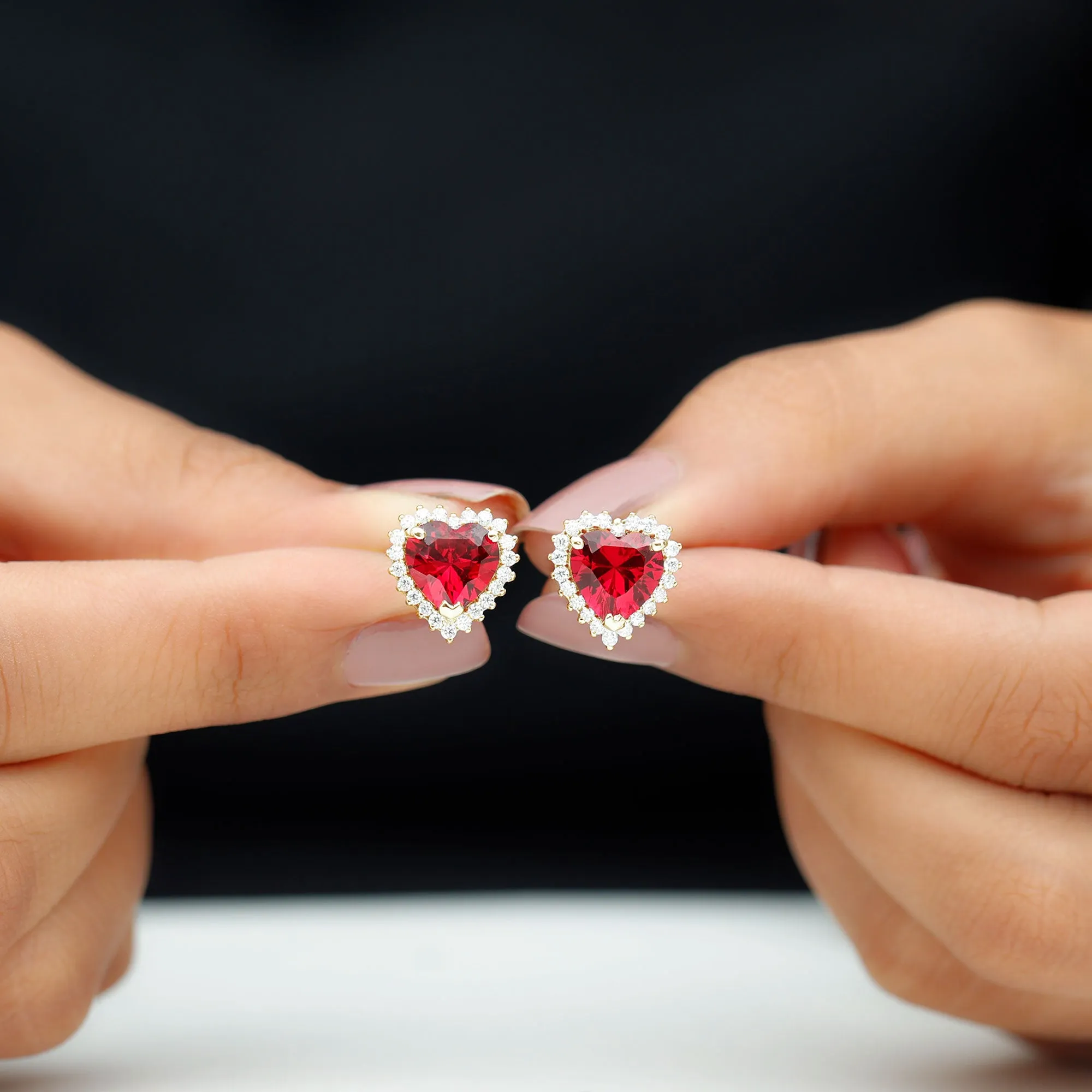 Heart Shape Created Ruby Stud Earrings with Diamond Halo