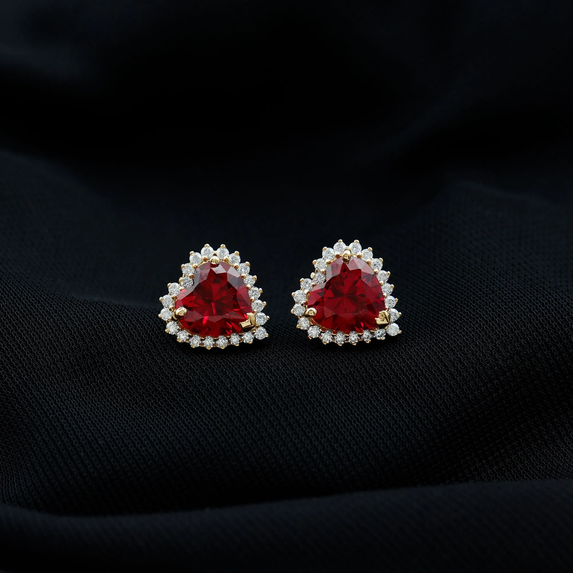 Heart Shape Created Ruby Stud Earrings with Diamond Halo