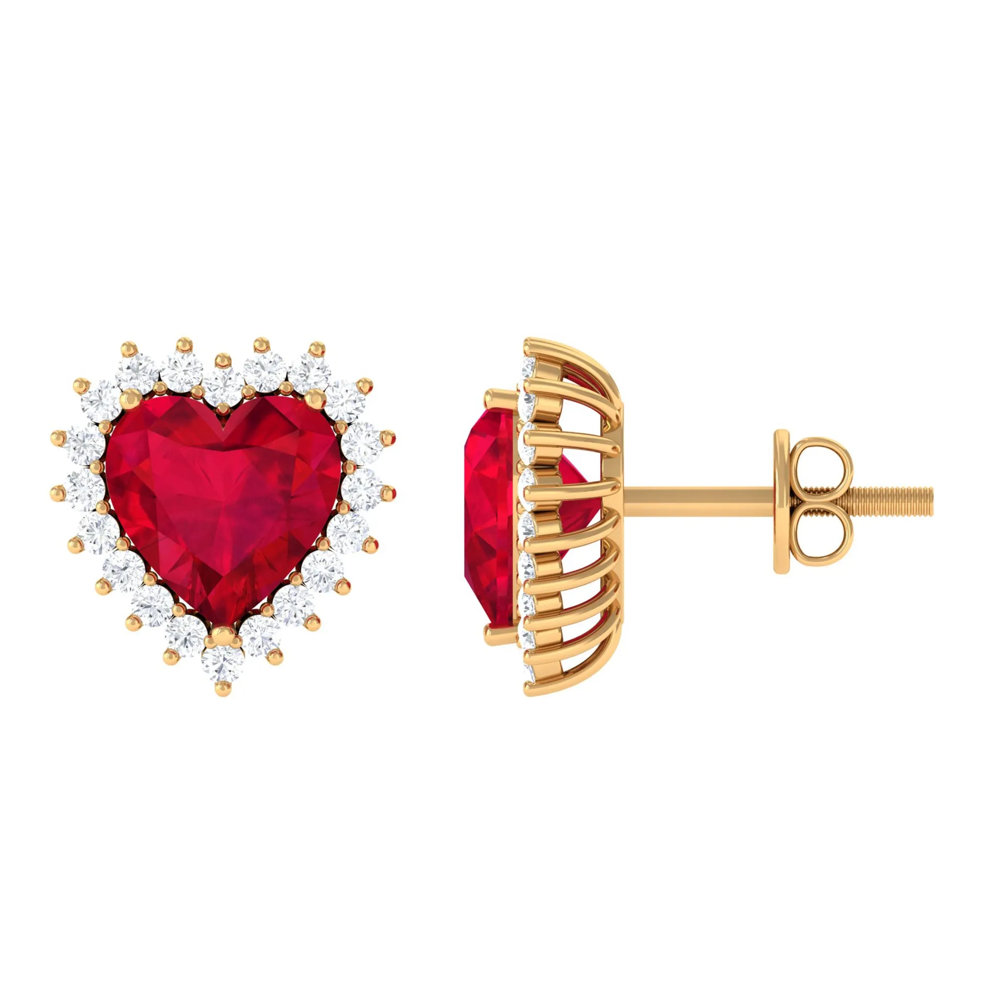 Heart Shape Created Ruby Stud Earrings with Diamond Halo