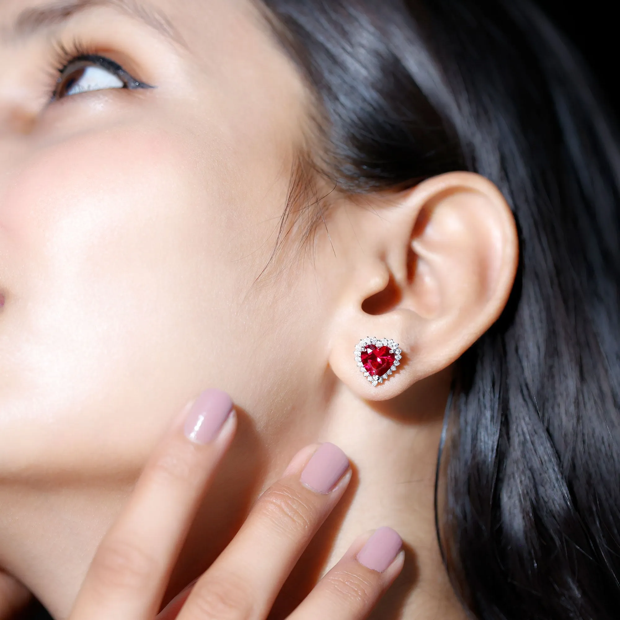 Heart Shape Created Ruby Stud Earrings with Diamond Halo