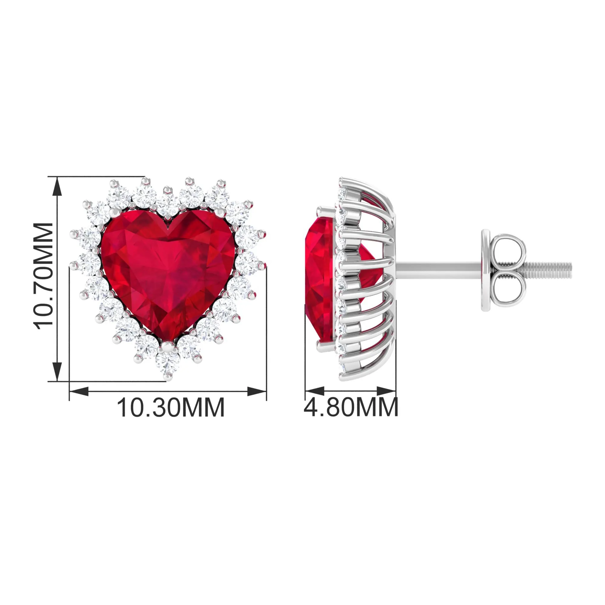 Heart Shape Created Ruby Stud Earrings with Diamond Halo