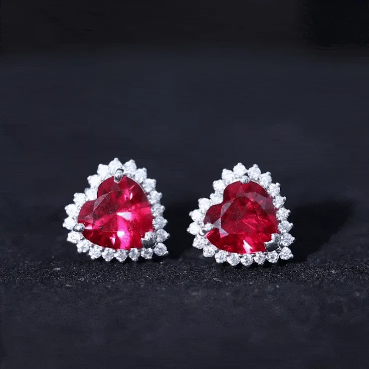 Heart Shape Created Ruby Stud Earrings with Diamond Halo