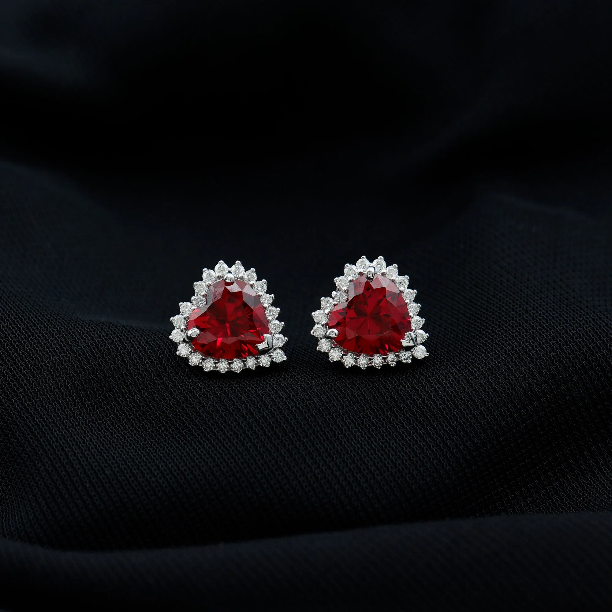Heart Shape Created Ruby Stud Earrings with Diamond Halo
