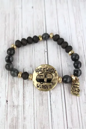 'HOME IS WHERE WE PARK IT' GOLDTONE BLACK BEADED BRACELET