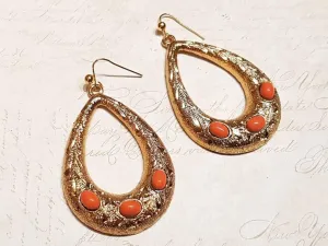 Hoop Earrings Teardrop Gold Coral Stones Pierced by Sardi