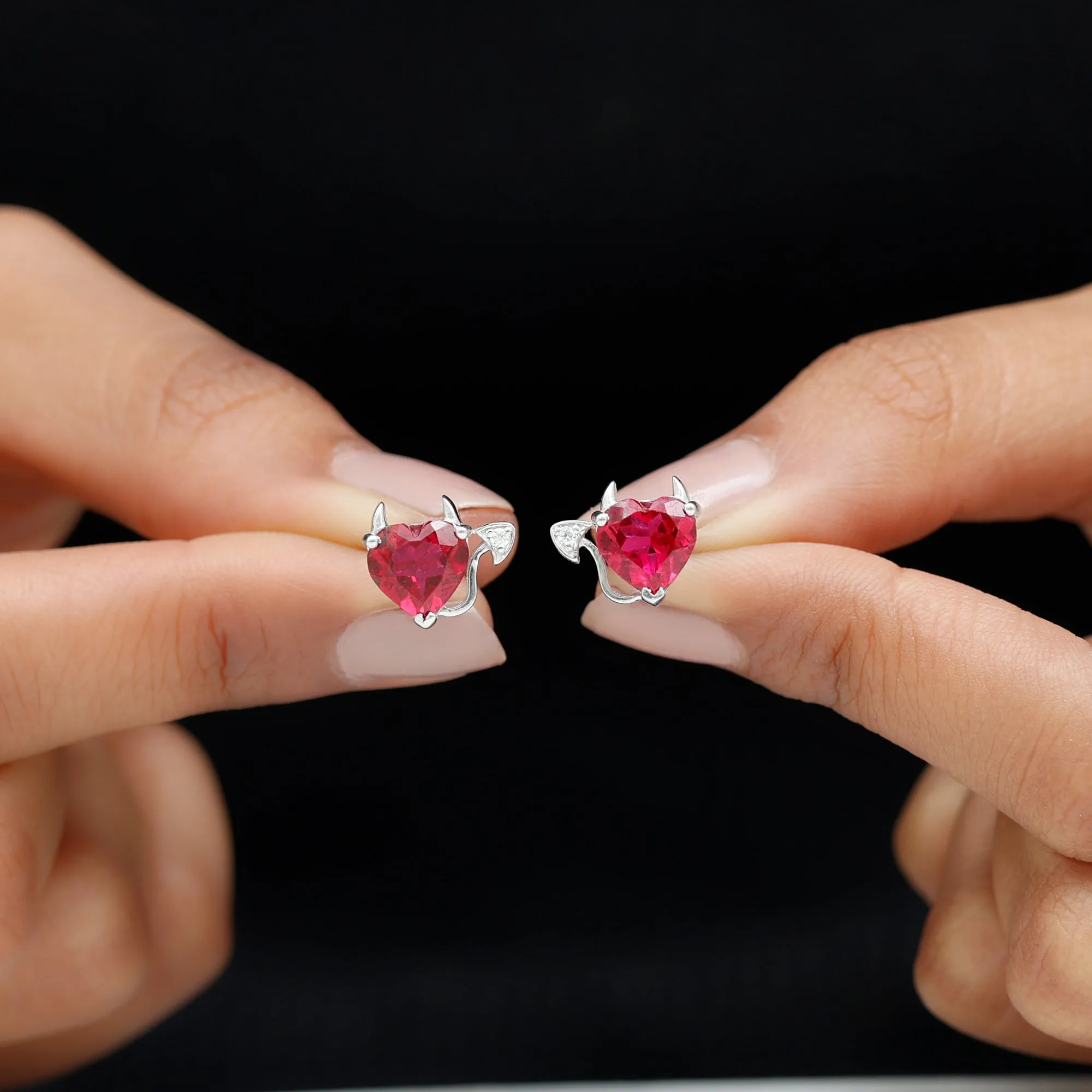 Lab Grown Ruby and Zircon Devil Heart Earrings