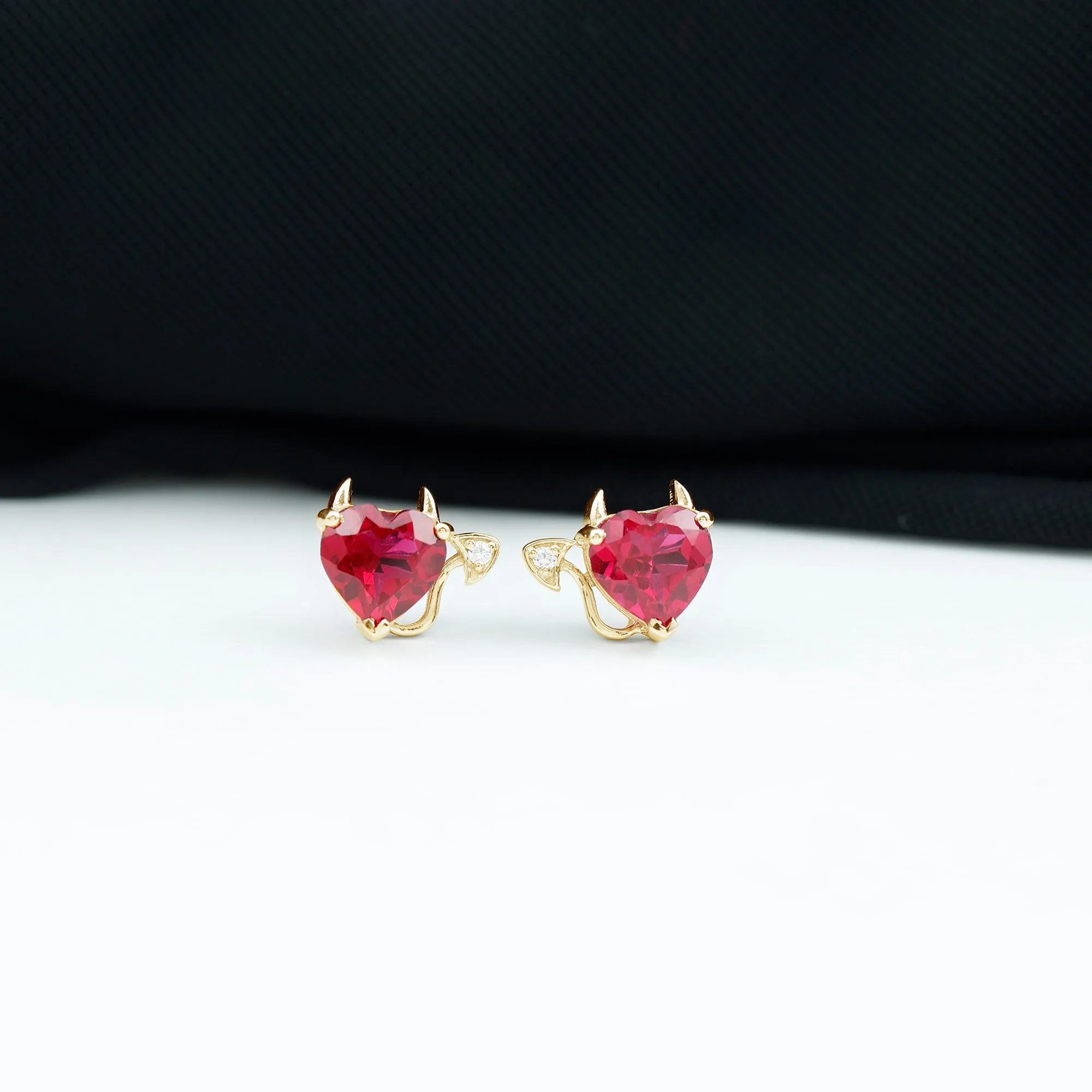 Lab Grown Ruby and Zircon Devil Heart Earrings