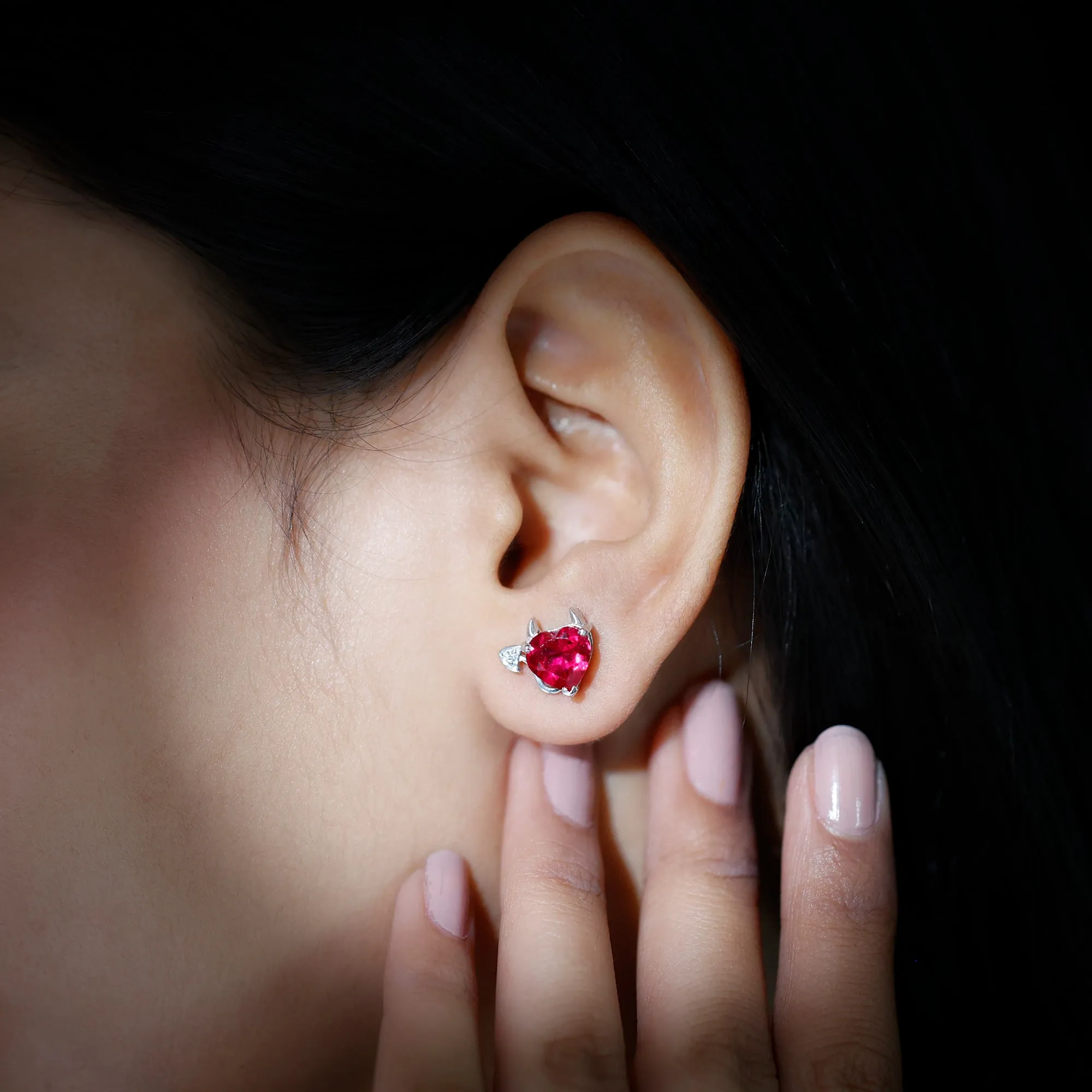 Lab Grown Ruby and Zircon Devil Heart Earrings