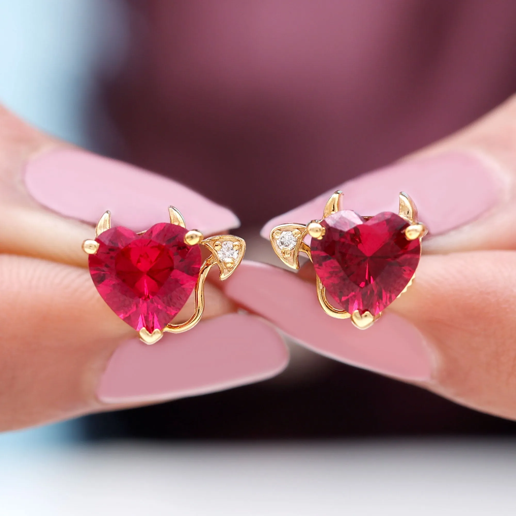 Lab Grown Ruby and Zircon Devil Heart Earrings