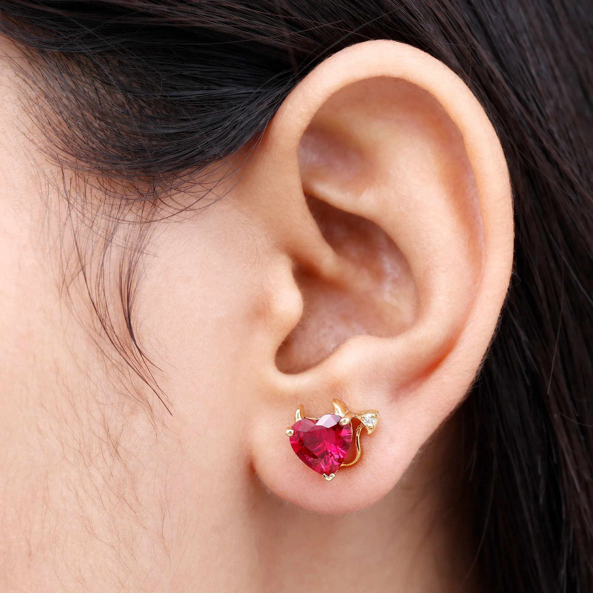 Lab Grown Ruby and Zircon Devil Heart Earrings