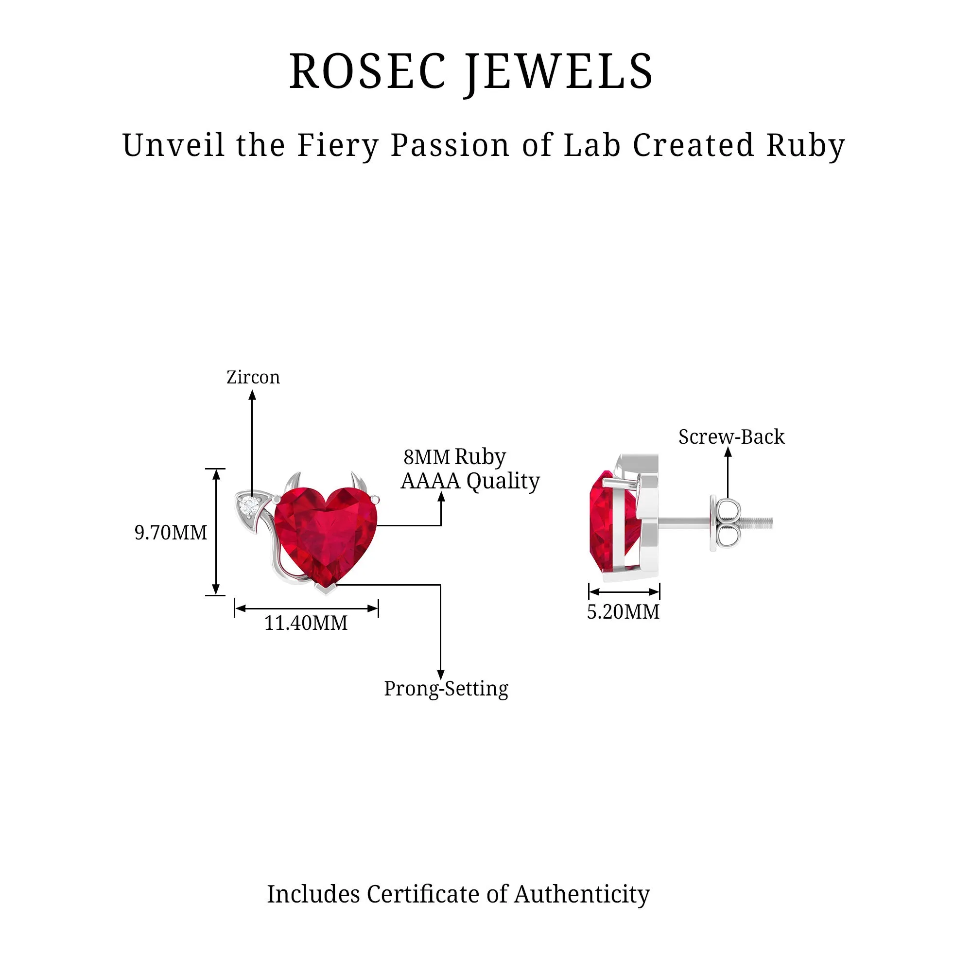 Lab Grown Ruby and Zircon Devil Heart Earrings