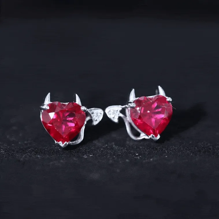Lab Grown Ruby and Zircon Devil Heart Earrings