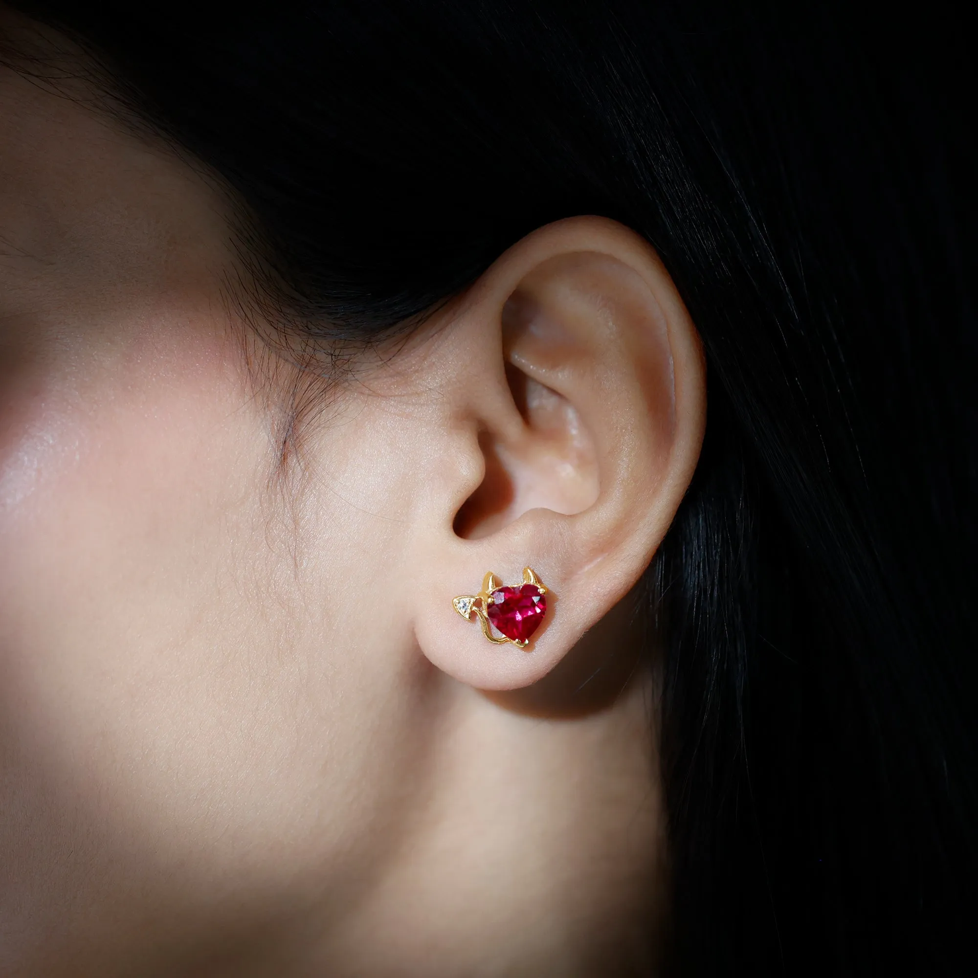 Lab Grown Ruby and Zircon Devil Heart Earrings
