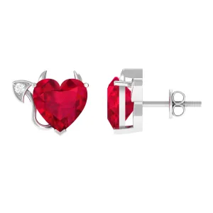 Lab Grown Ruby and Zircon Devil Heart Earrings