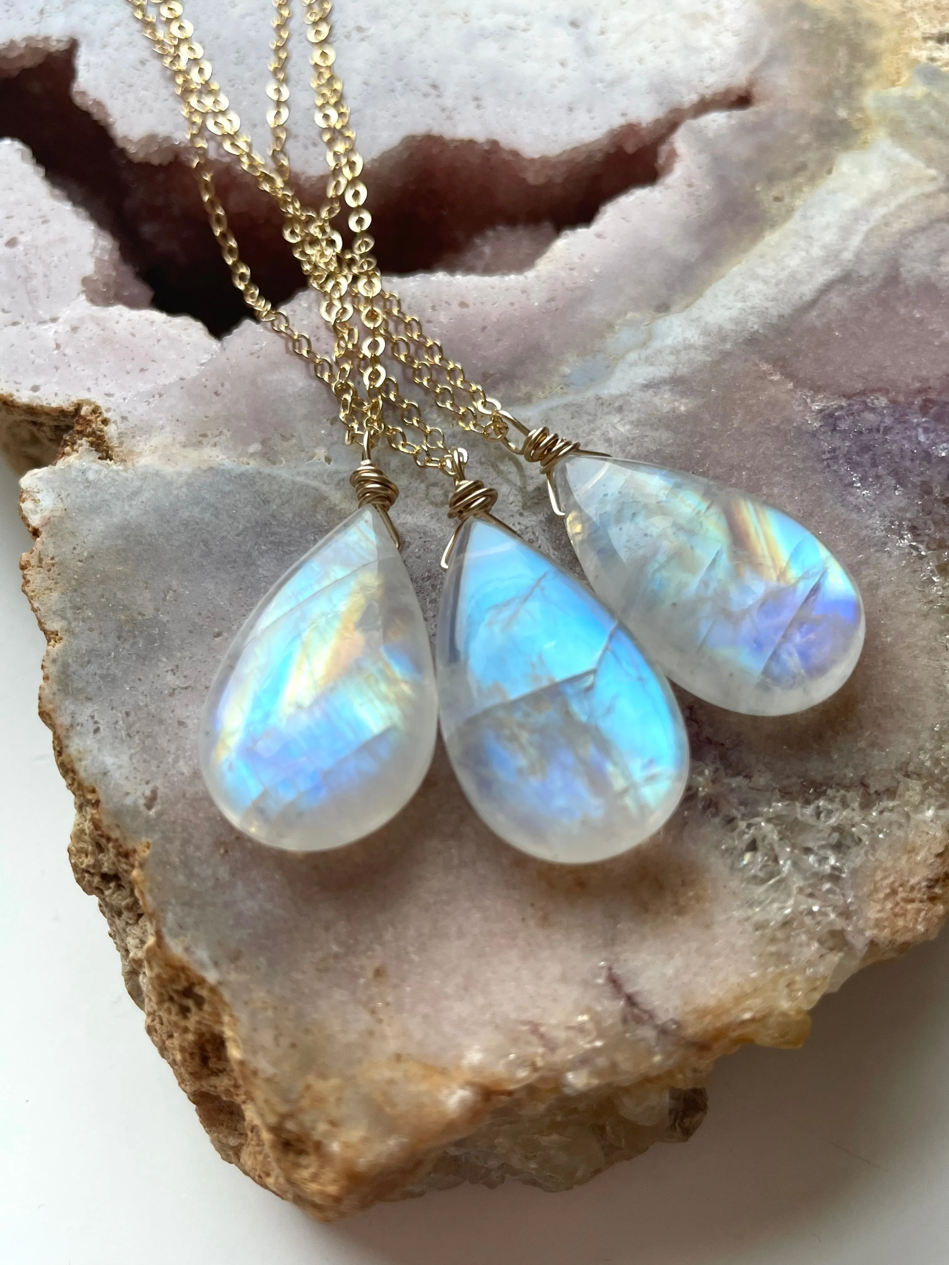 Large Moonstone Crystal Pendant Necklace Sterling Silver or 14kt Gold Filled