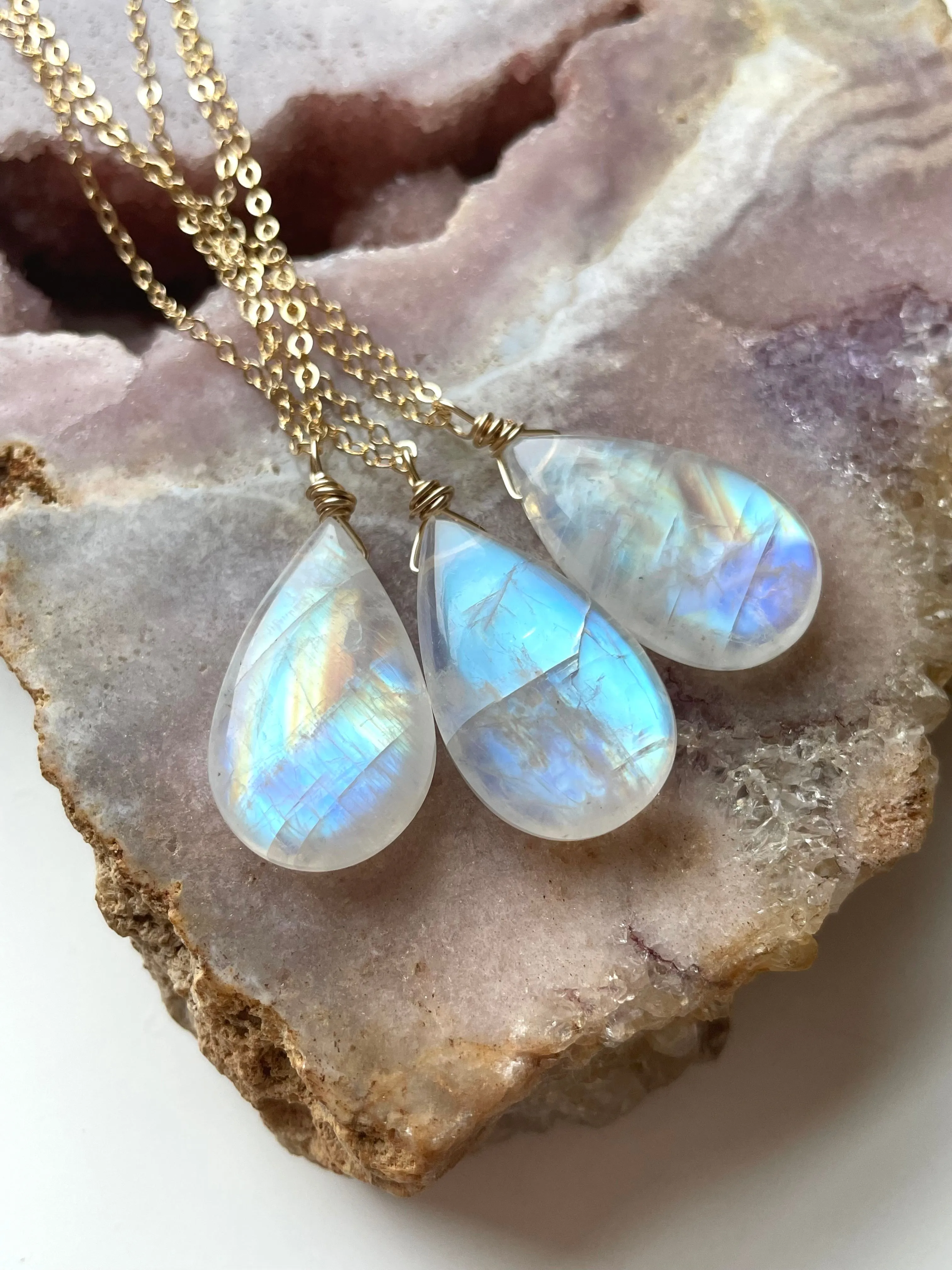 Large Moonstone Crystal Pendant Necklace Sterling Silver or 14kt Gold Filled