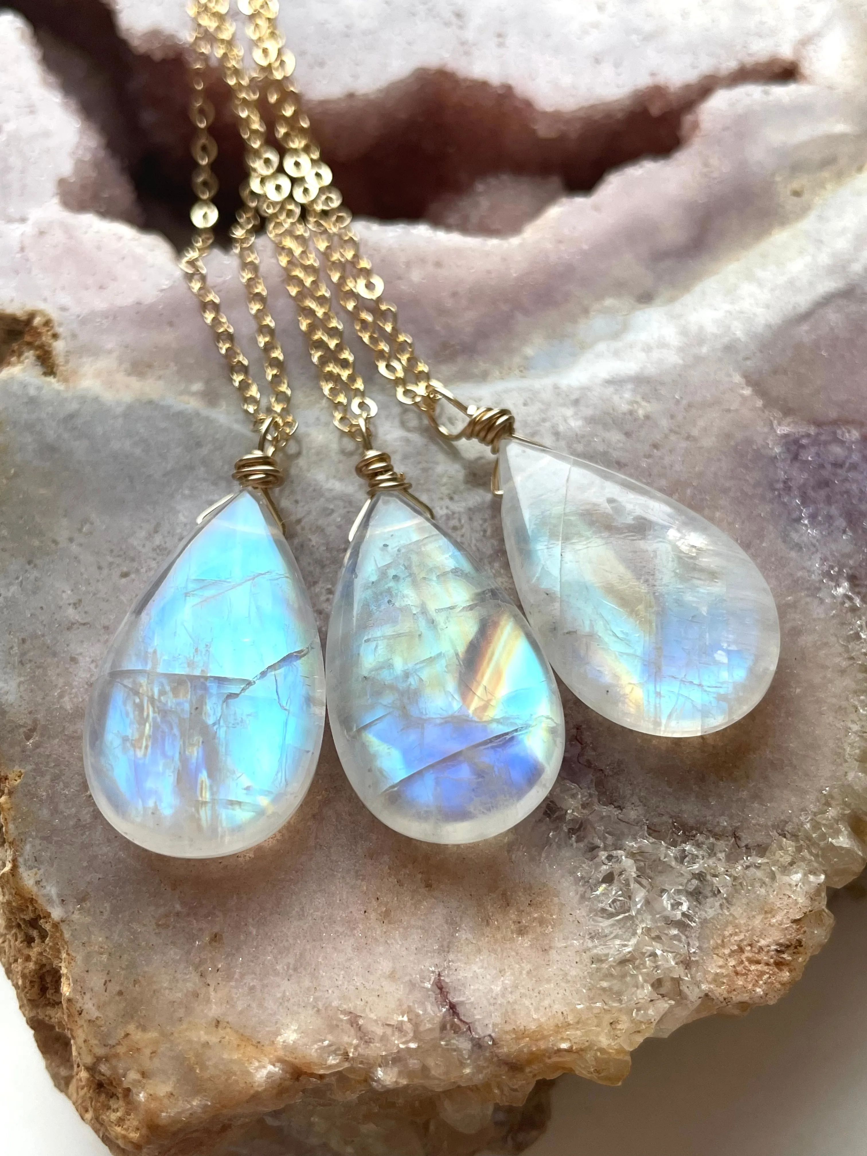 Large Moonstone Crystal Pendant Necklace Sterling Silver or 14kt Gold Filled