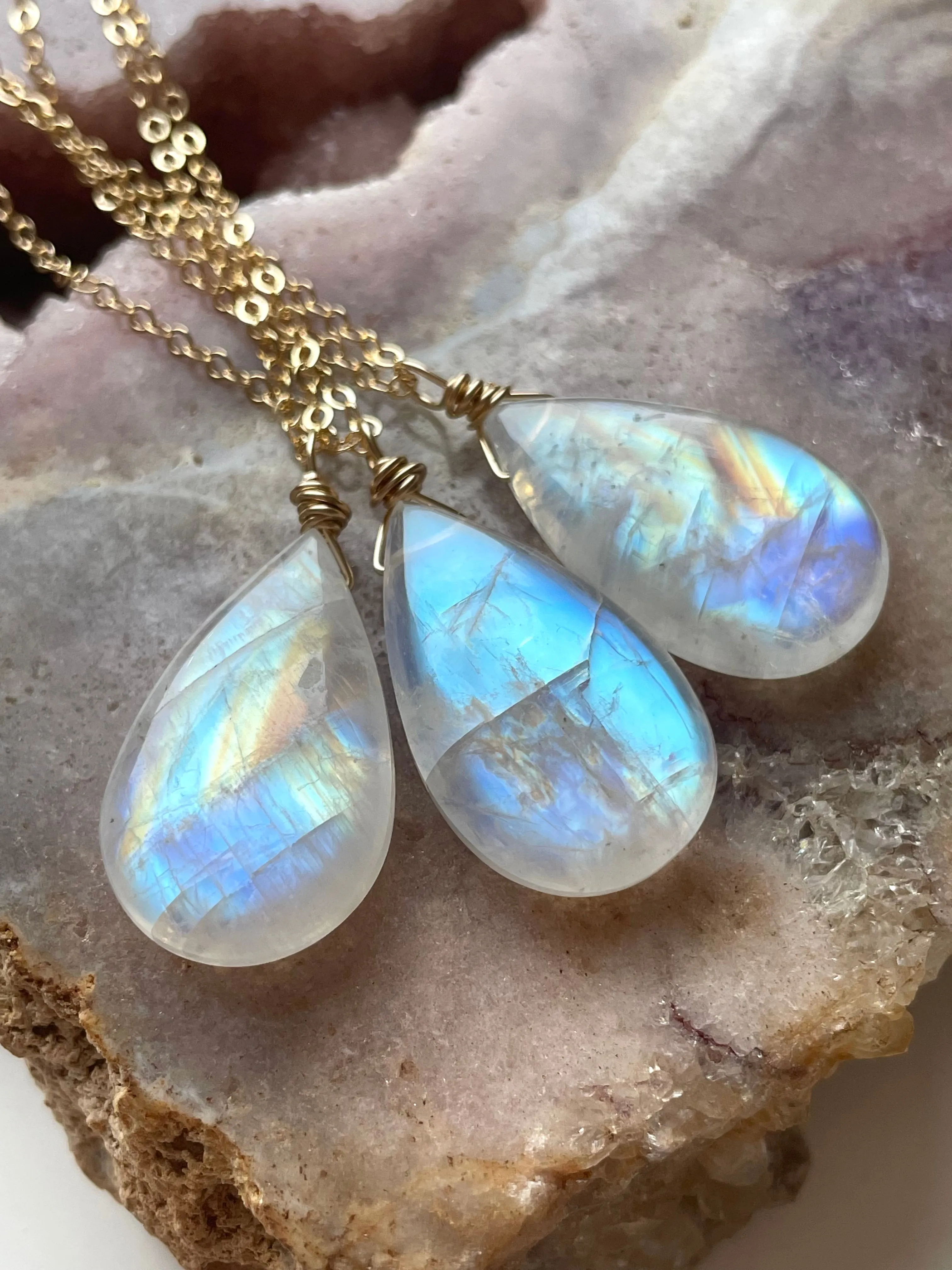 Large Moonstone Crystal Pendant Necklace Sterling Silver or 14kt Gold Filled
