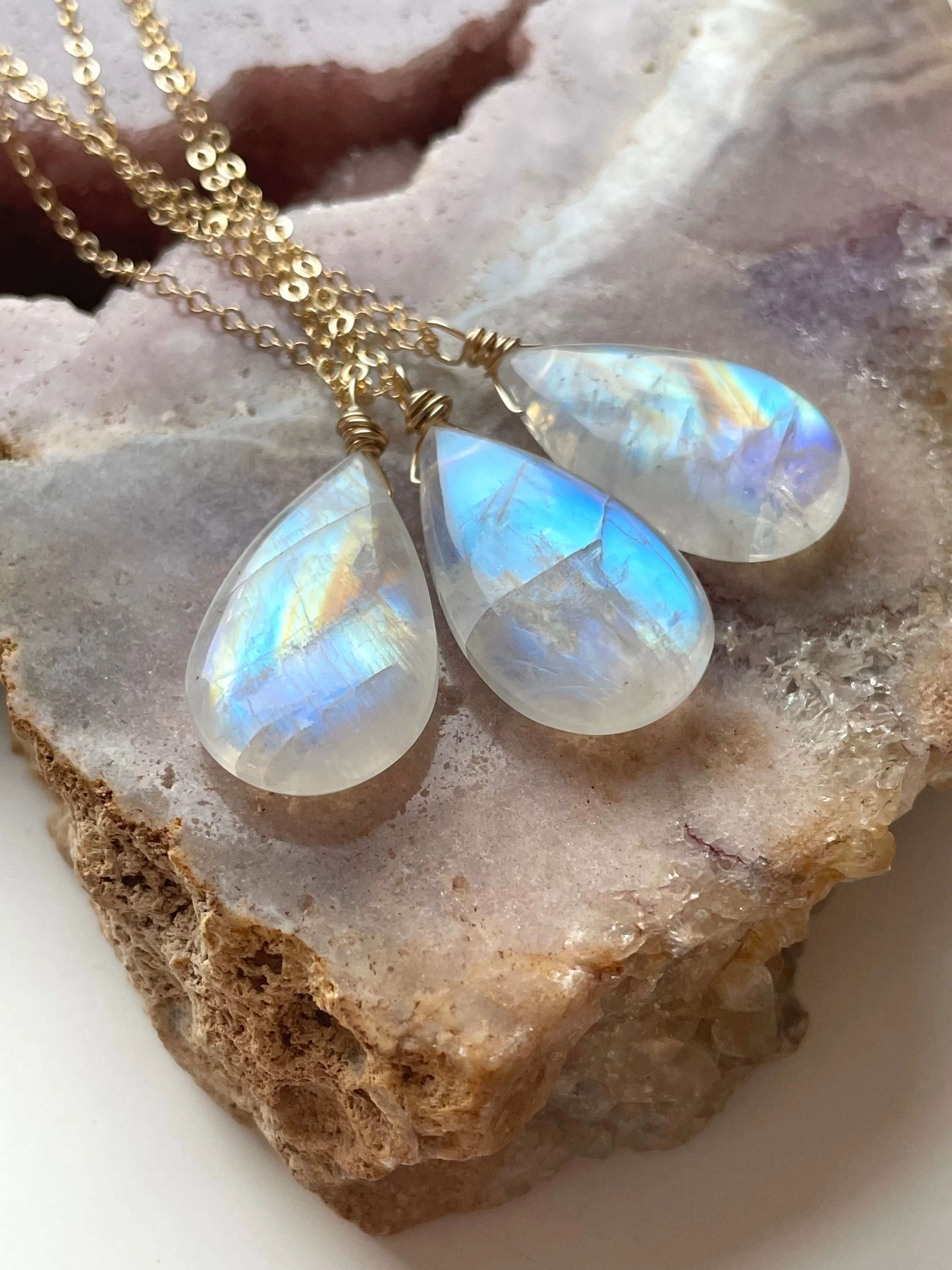 Large Moonstone Crystal Pendant Necklace Sterling Silver or 14kt Gold Filled