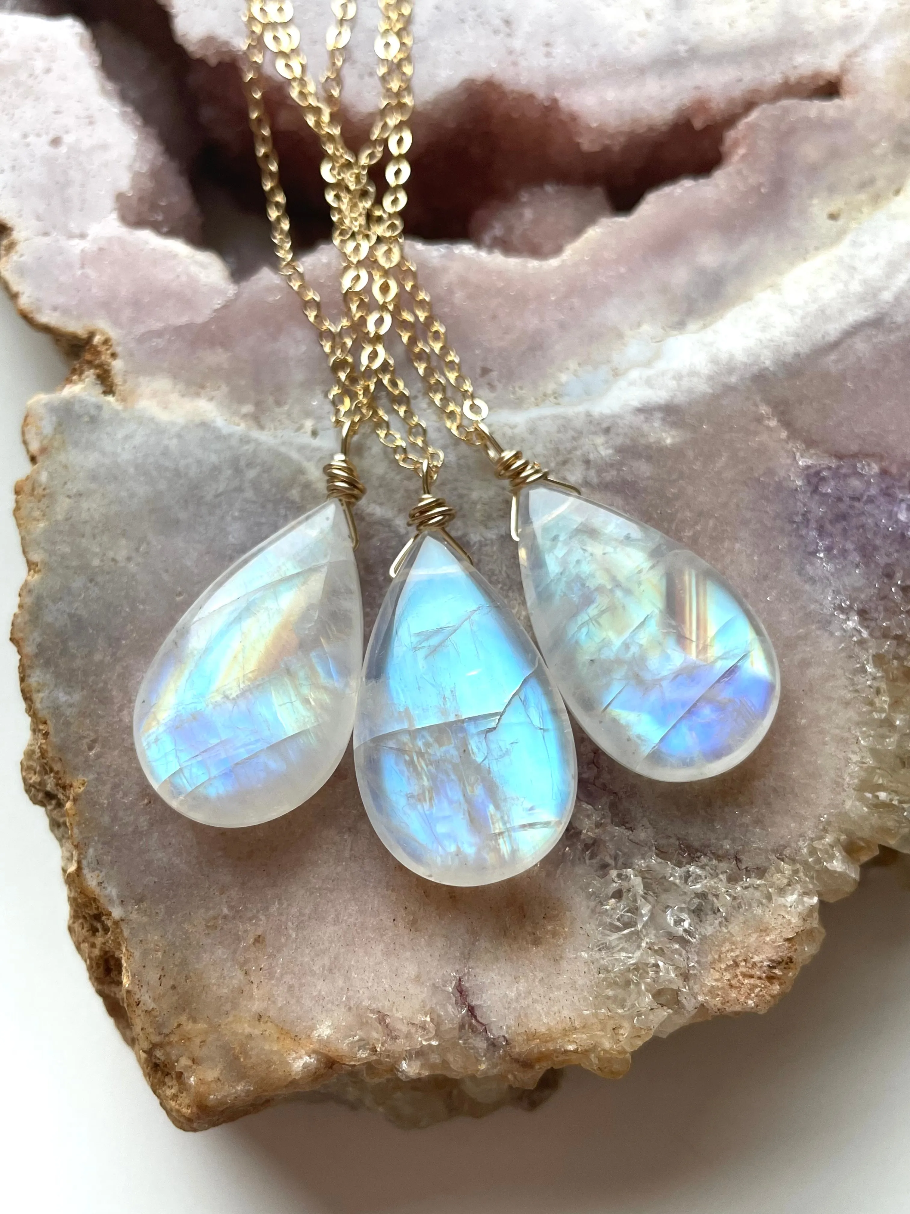 Large Moonstone Crystal Pendant Necklace Sterling Silver or 14kt Gold Filled