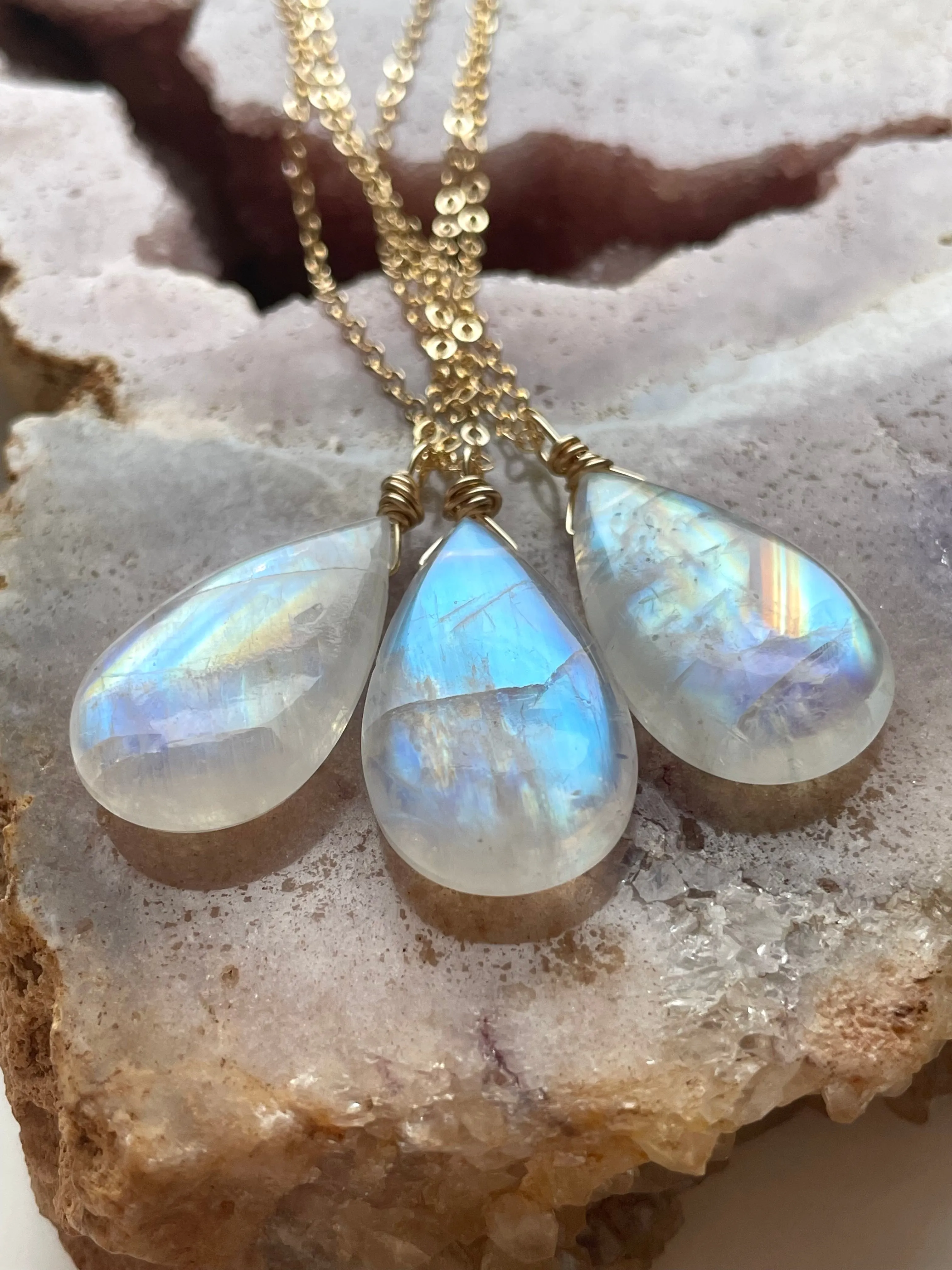 Large Moonstone Crystal Pendant Necklace Sterling Silver or 14kt Gold Filled