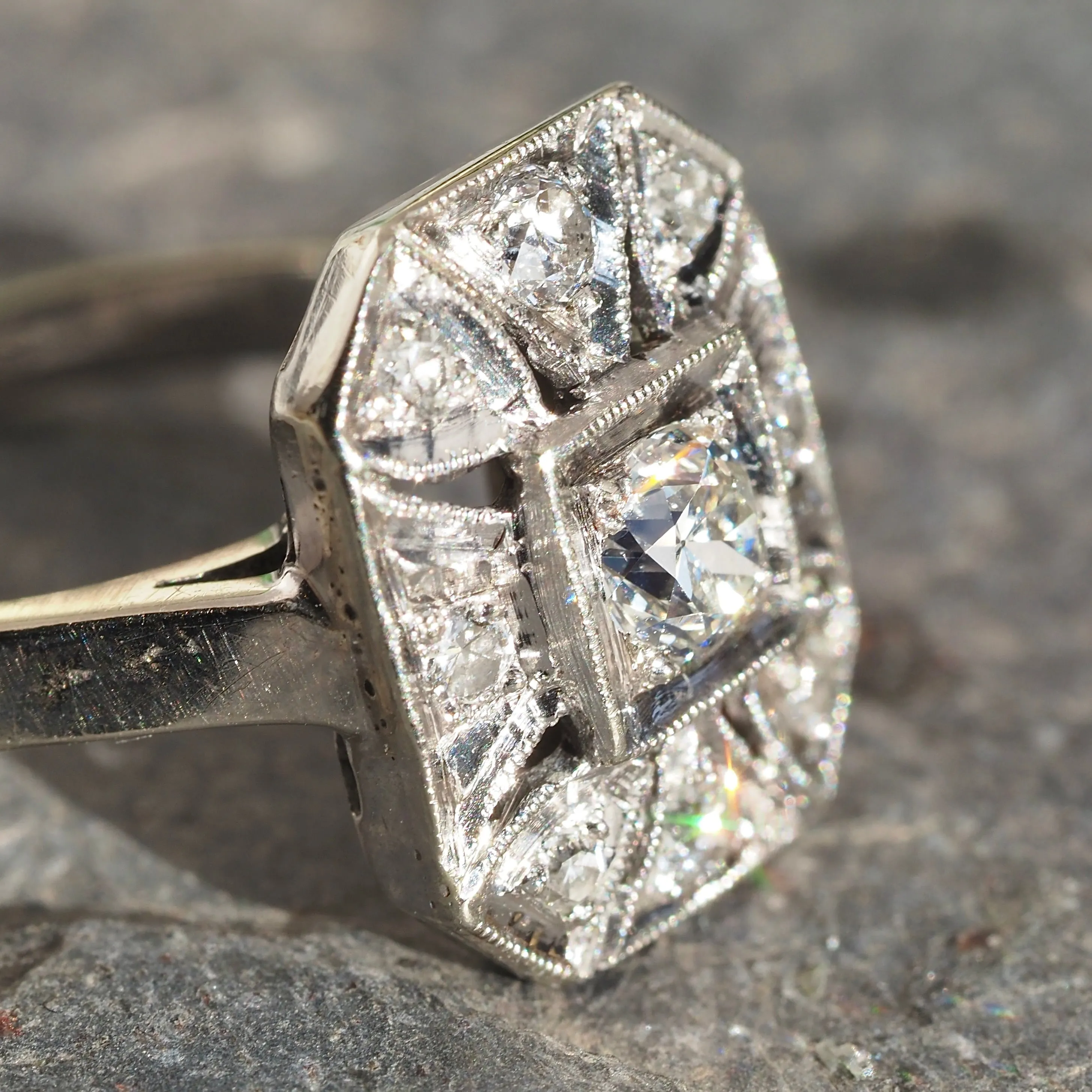 Late Art Deco Old European Cut Diamond Shield Cluster 14k White Gold Ring