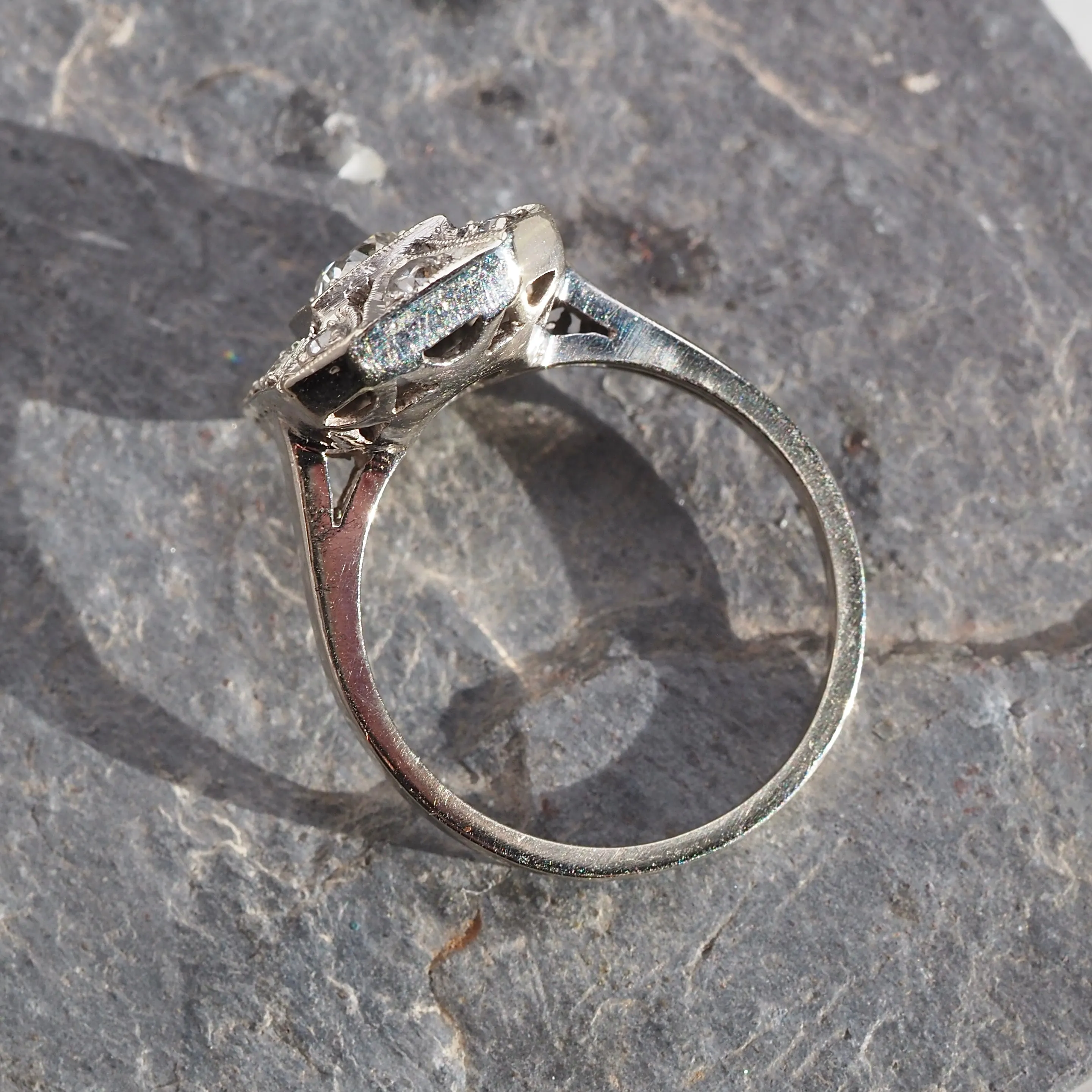 Late Art Deco Old European Cut Diamond Shield Cluster 14k White Gold Ring