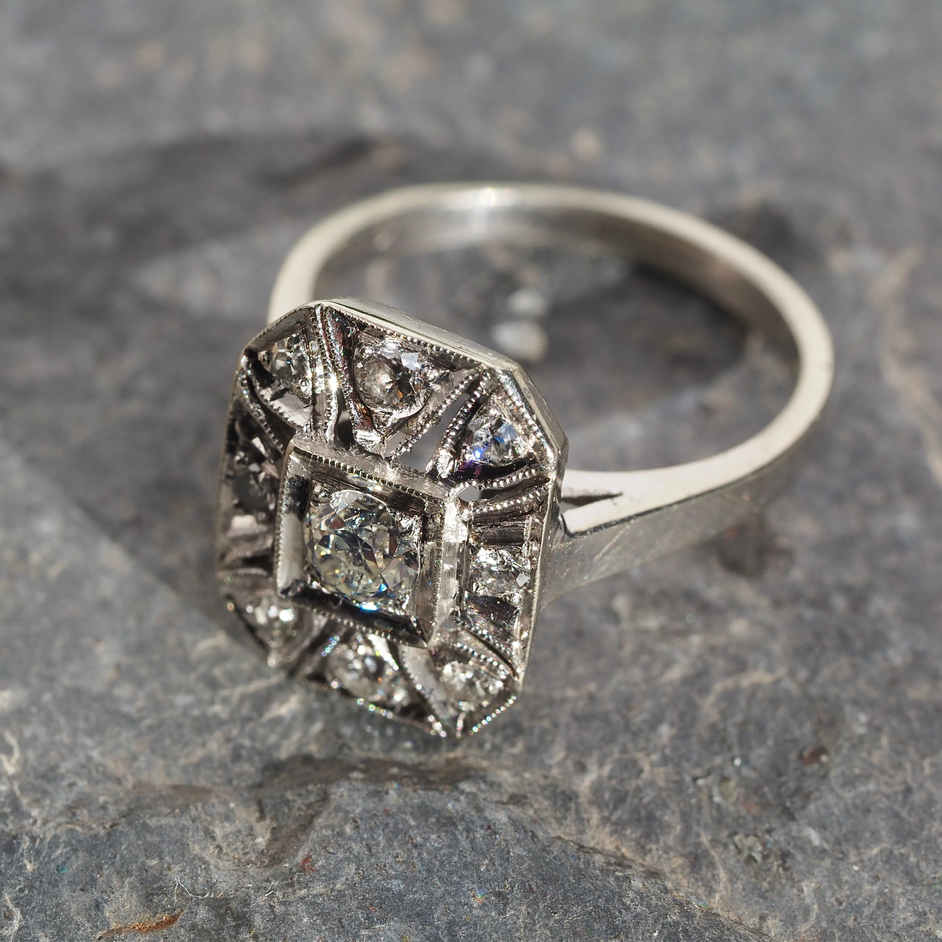 Late Art Deco Old European Cut Diamond Shield Cluster 14k White Gold Ring