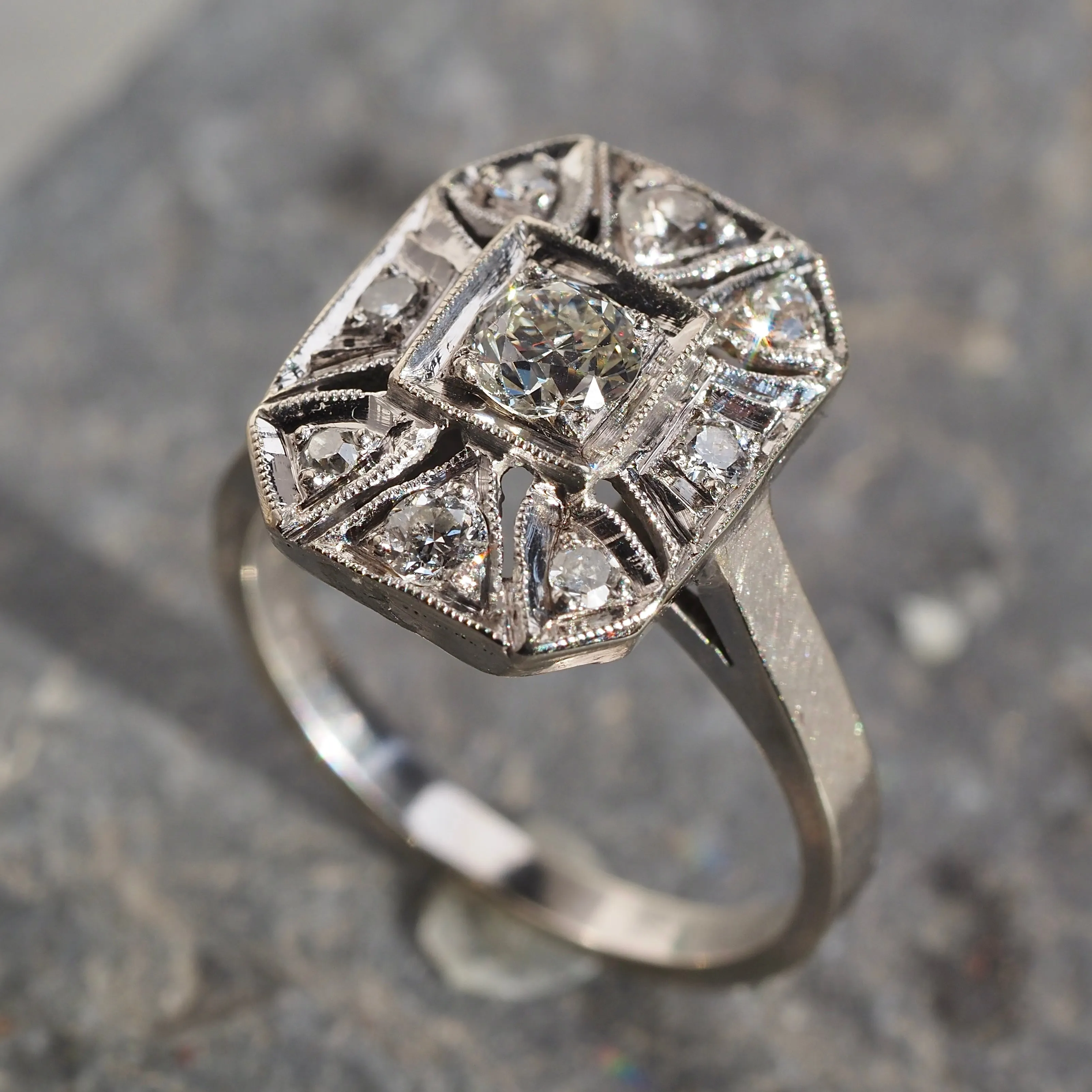 Late Art Deco Old European Cut Diamond Shield Cluster 14k White Gold Ring