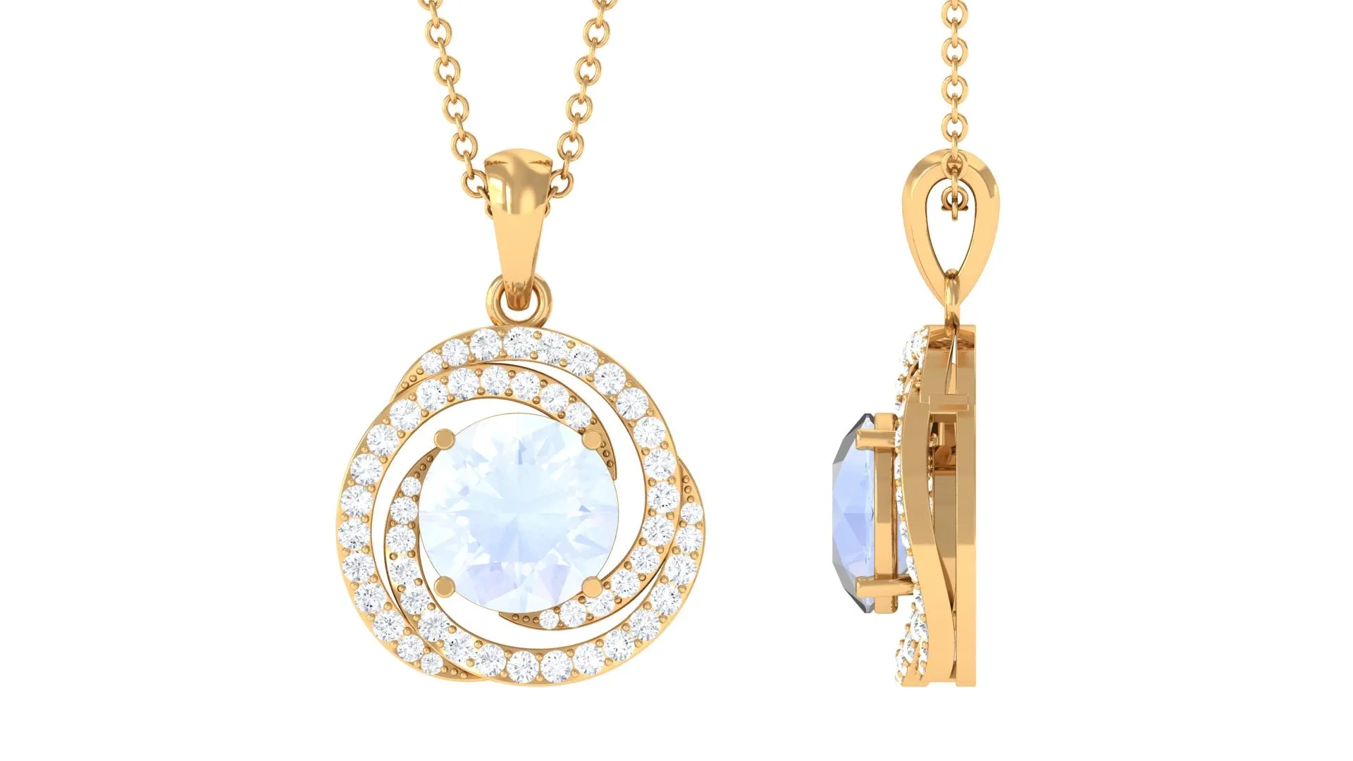 Minimal Moonstone and Diamond Swirl Halo Pendant Necklace