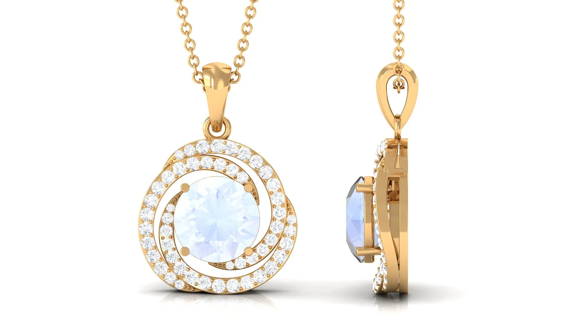 Minimal Moonstone and Diamond Swirl Halo Pendant Necklace