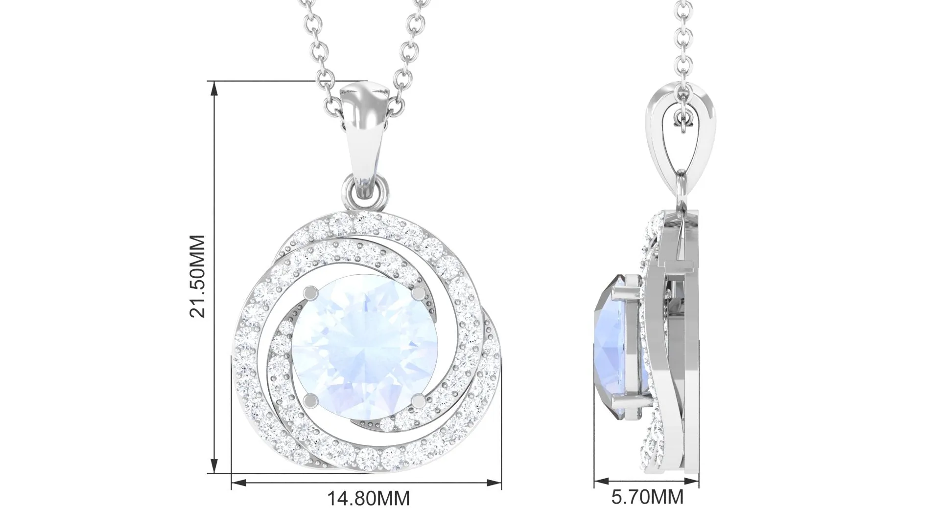 Minimal Moonstone and Diamond Swirl Halo Pendant Necklace