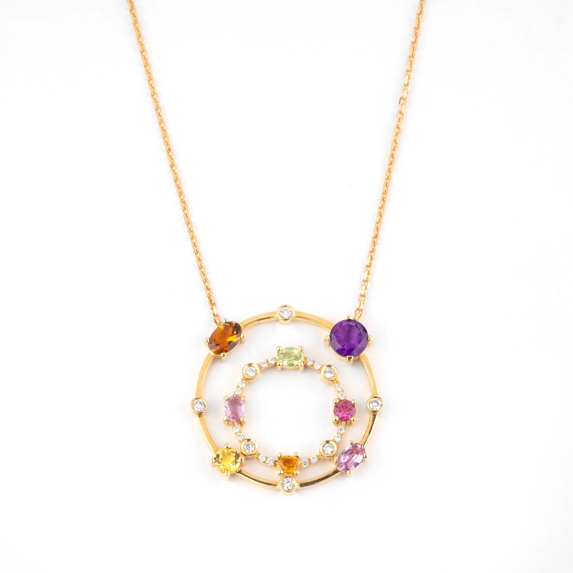 Multi coloured gemstones & diamonds 18k yellow gold pendant