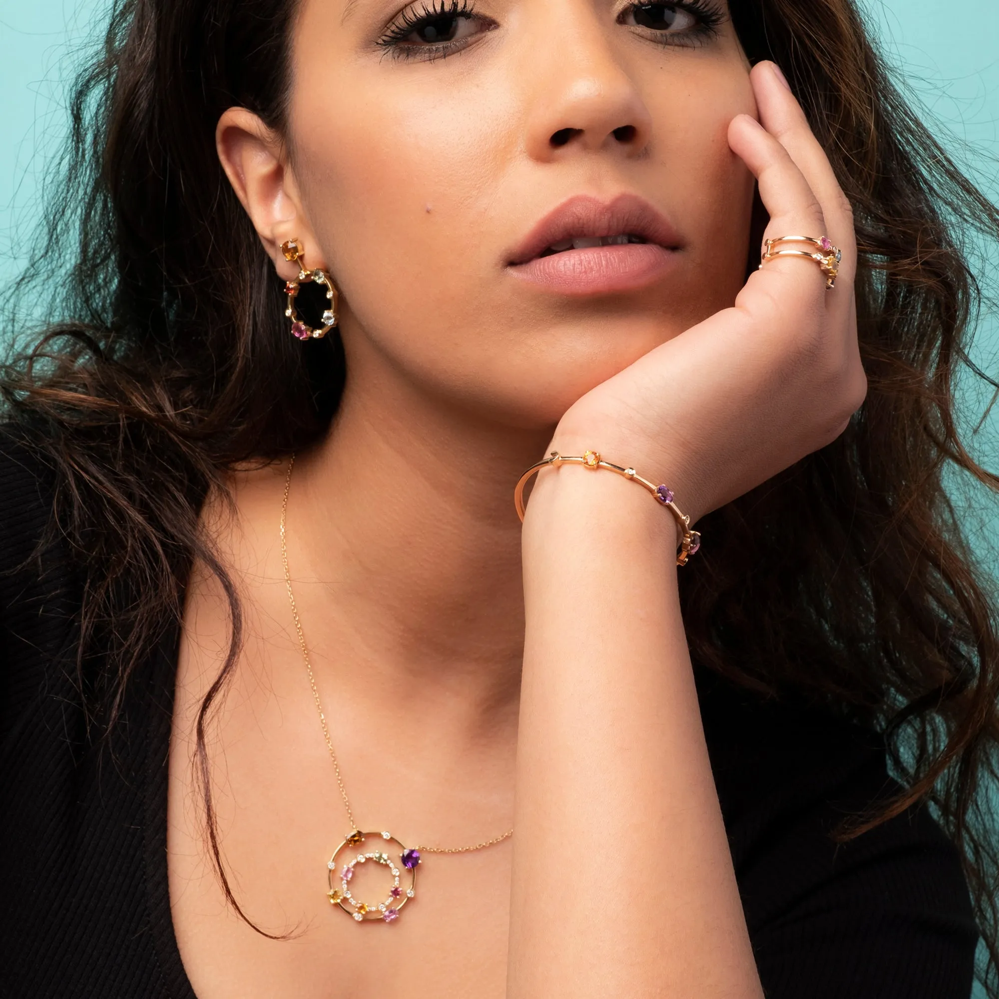 Multi coloured gemstones & diamonds 18k yellow gold pendant
