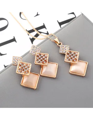 N107 Tan Moonstone Triple Square Necklace with FREE Earrings