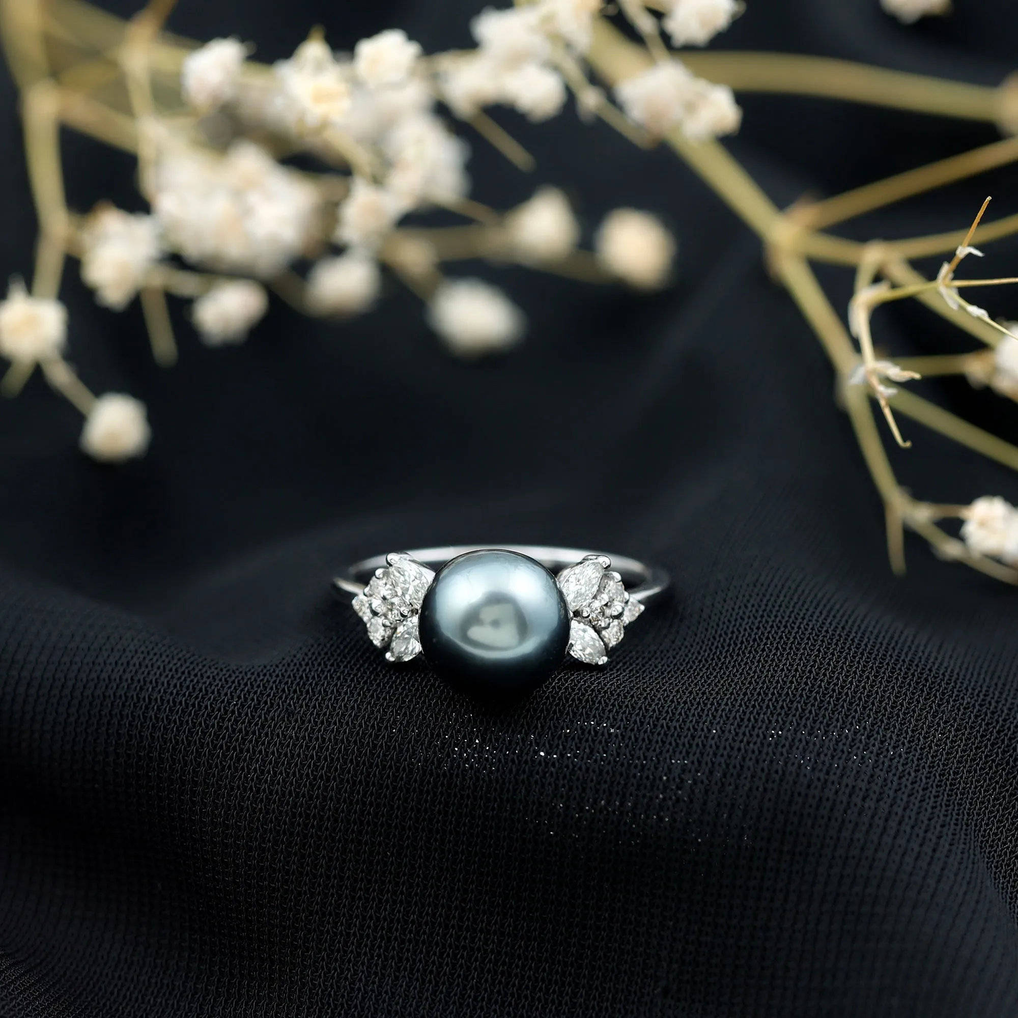 Nature Inspired Tahitian Pearl Engagement Ring with Diamond Accent