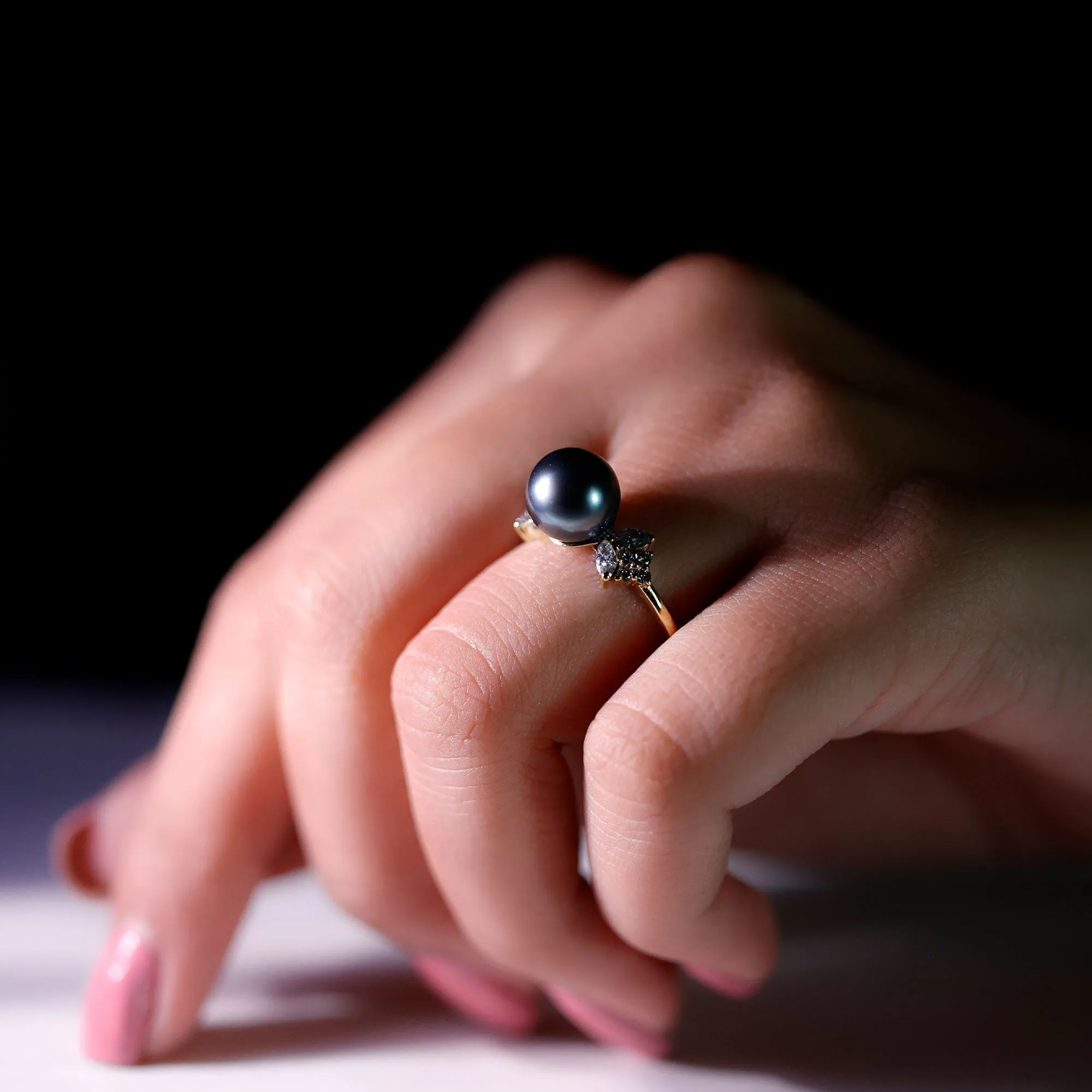 Nature Inspired Tahitian Pearl Engagement Ring with Diamond Accent