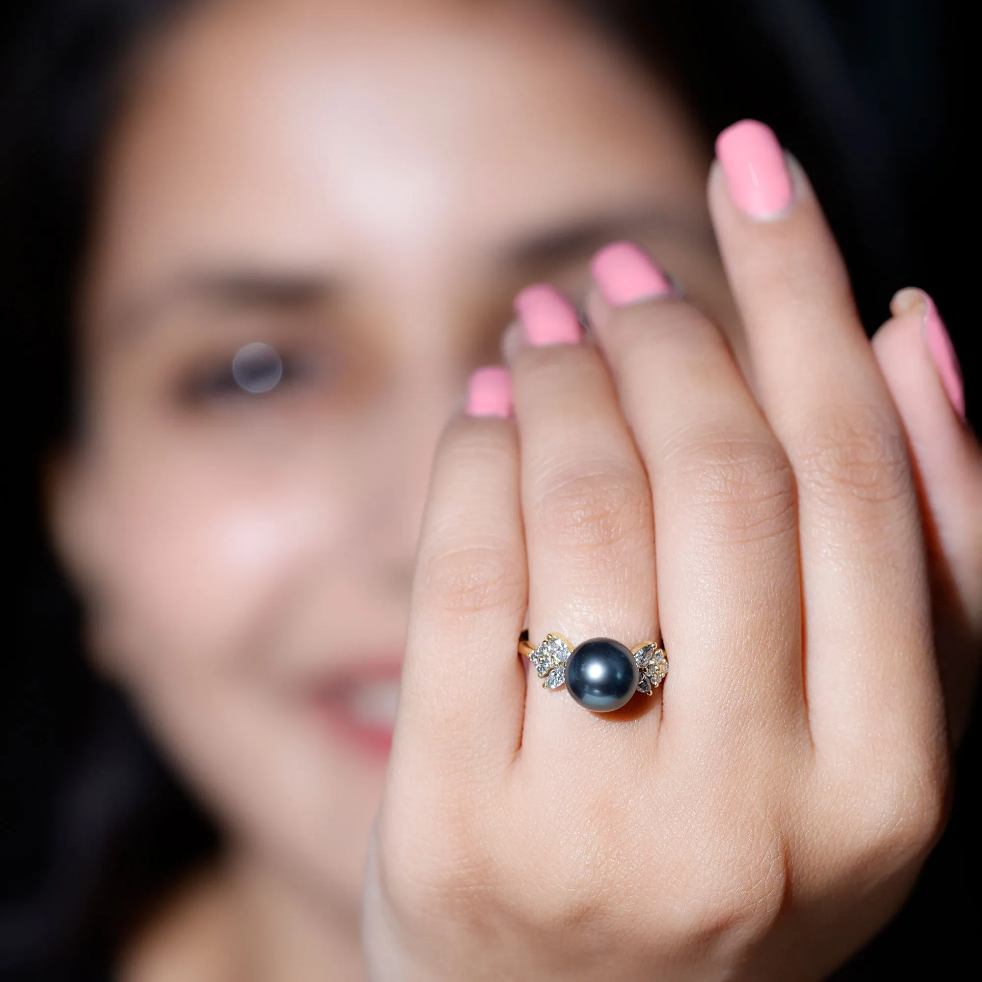 Nature Inspired Tahitian Pearl Engagement Ring with Diamond Accent