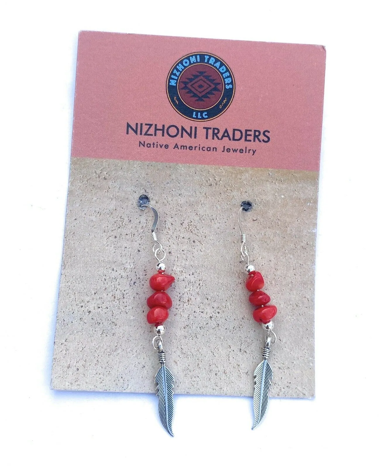 Navajo Coral & Sterling Silver Feather Dangle Earrings