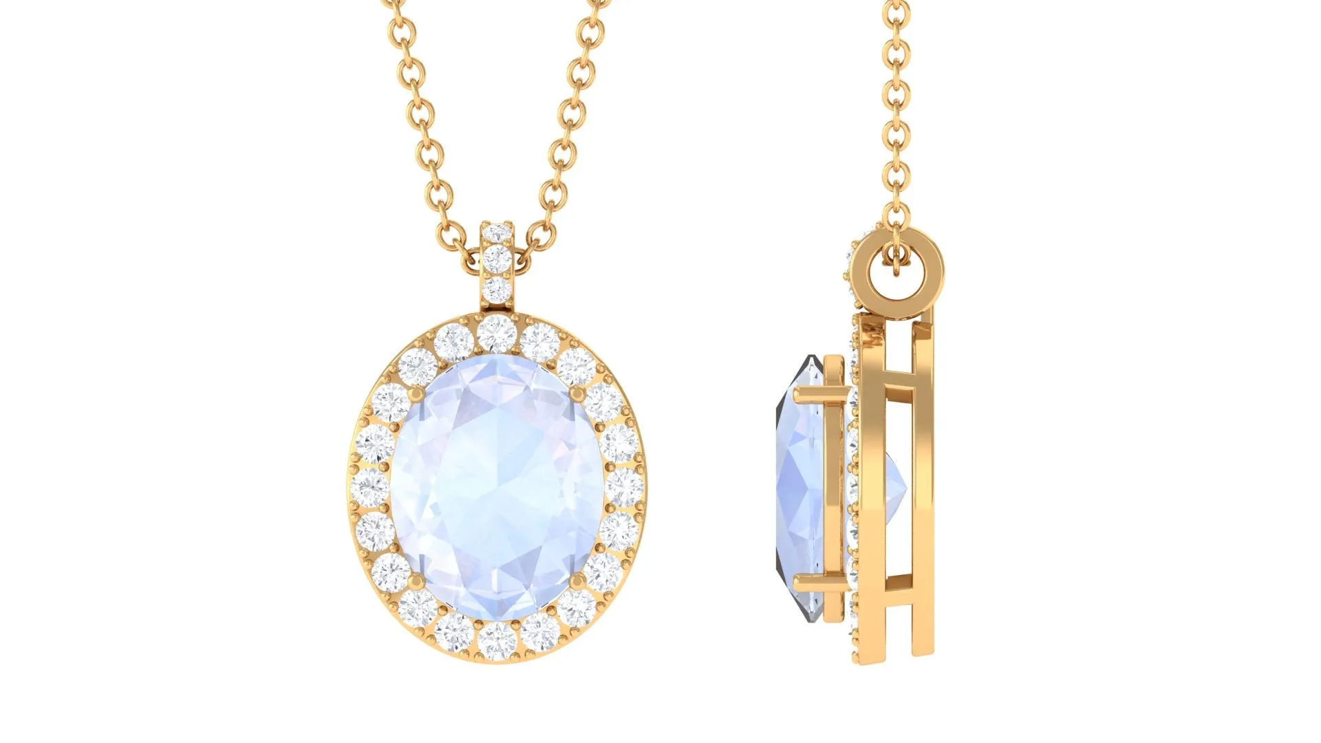 Oval Shaped Moonstone Pendant Necklace With Diamond Halo